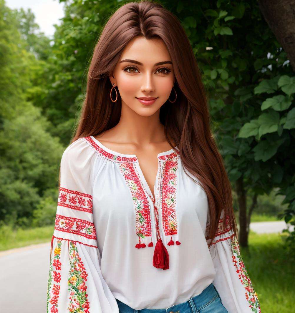 4K, Masterpiece, highres, absurdres,natural volumetric lighting and best shadows,highly detailed face, highly detailed facial features, smiling, edgVyshivanka style embroidery, wearing edgVyshivanka, adult woman, solo, long hair, looking at viewer, smile, brown hair, shirt, brown eyes, jewelry, standing, white shirt, cowboy shot, earrings, outdoors, shorts, day, blurry, bracelet, dark-skinned female, tree, lips, hand on hip, short shorts, blurry background, ring, denim, denim shorts, realistic, road, cutoffs, photo background, <lora:edgVyshivanka:1>