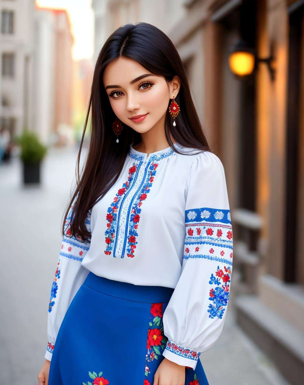 4K, Masterpiece, highres, absurdres,natural volumetric lighting and best shadows,highly detailed face, highly detailed facial features, smiling, edgVyshivanka style embroidery, wearing edgVyshivanka, 1girl, solo, long hair, skirt, shirt, black hair, long sleeves, brown eyes, jewelry, white shirt, earrings, nail polish, blurry, blue skirt, hand on hip, looking to the side, blurry background, floral print, pointing, red nails<lora:edgVyshivanka:0.7>