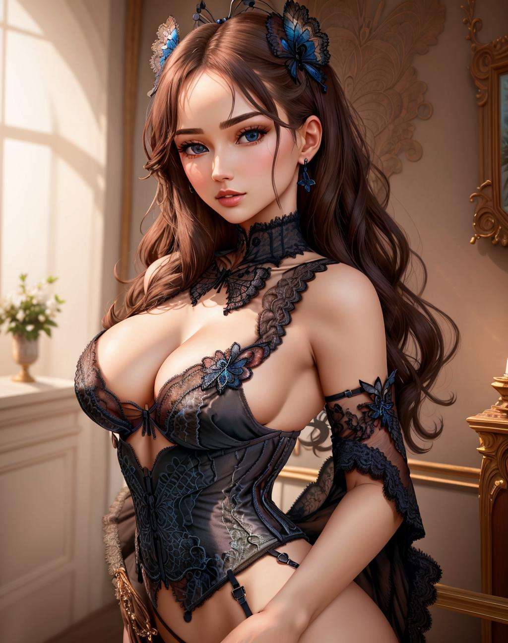 Masterpiece, absurdres,HDR ,highly detailed eyes and face, butterfly_top, a woman in a black corset ,wearing butterfly_top, butterfly design embroidery, wearing the ((corset with lace)), <lora:butterfly_Corset:1>