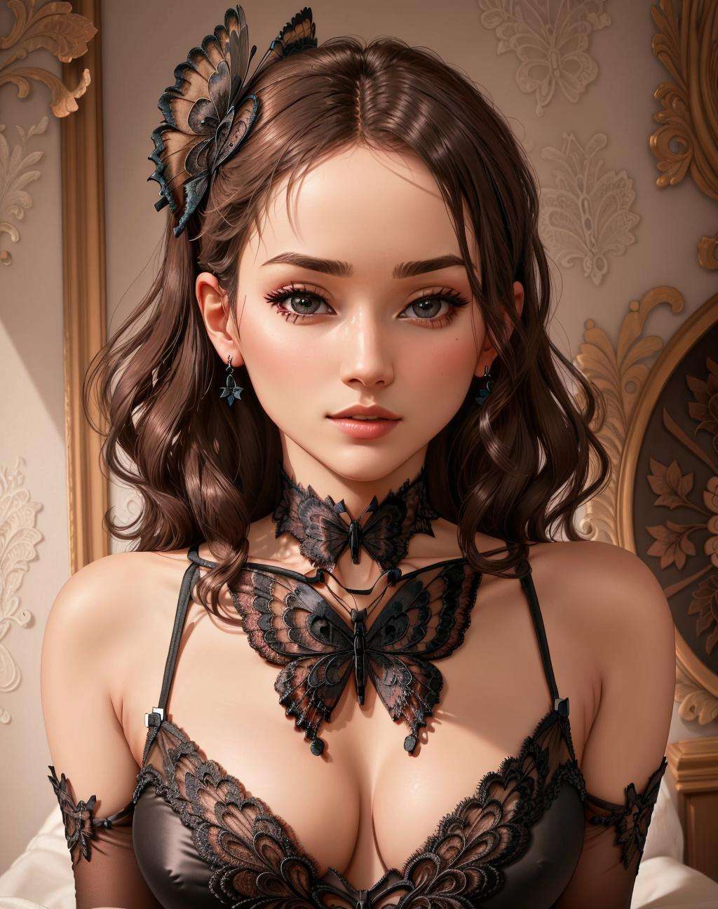Masterpiece, absurdres,HDR ,highly detailed eyes and face, butterfly_top, a woman in a black corset ,wearing butterfly_top, butterfly design embroidery, wearing the corset with lace, <lora:butterfly_Corset:1>