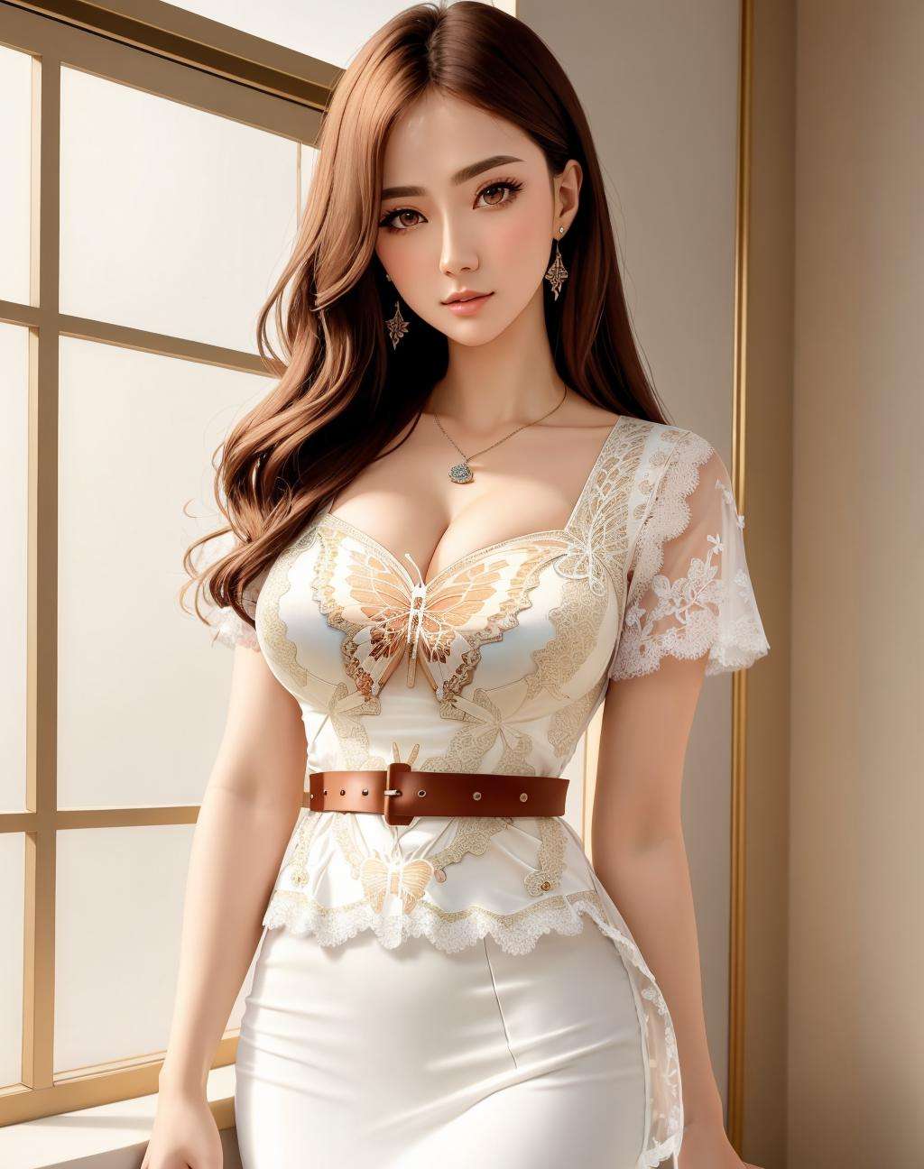 Masterpiece, absurdres,HDR,anime drawing, wallpaper quality ,highly detailed eyes and face, butterfly_top pencil_dress, a woman in a  white butterfly_top print pencil dress with a belt , wearing butterfly_top, cowboy shot <lora:butterfly_pencil_dresses:0.7>