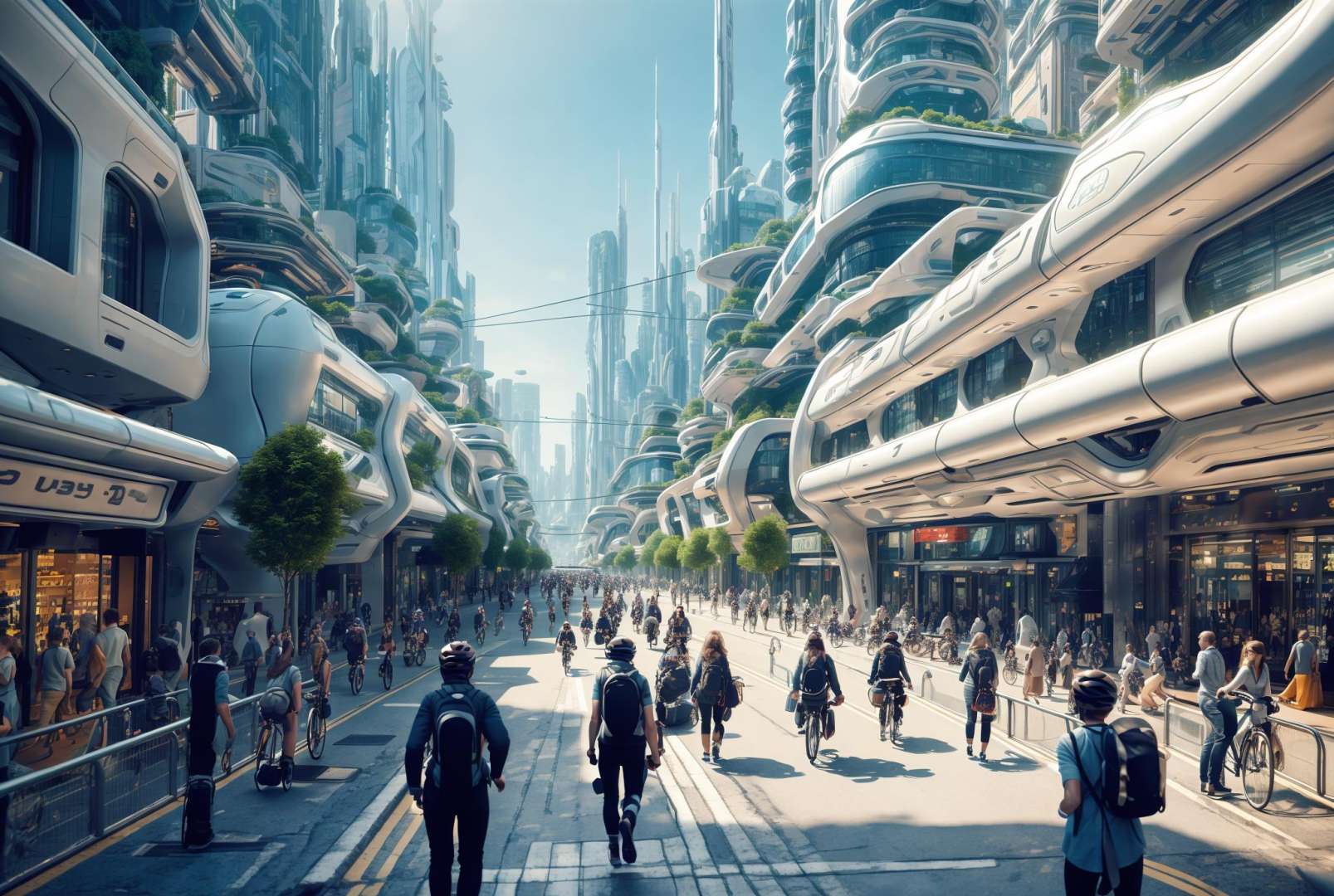 futurecity, day, a bustling city street filled with people walking and riding bicycles. The street is lined with tall buildings, creating a futuristic atmosphere. There are numerous people walking along the sidewalk, some carrying handbags and backpacks. A few individuals are riding bicycles, adding to the lively scene.<lora:cyber-000009:0.5>