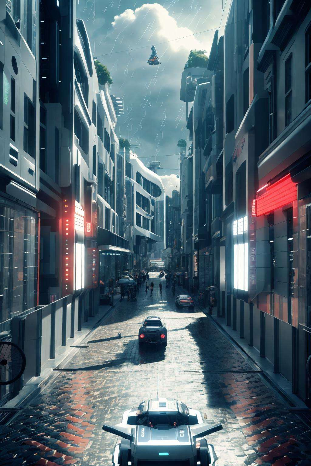 futurecity, rain, cloud, architecture, a bustling city street filled with people walking and riding bicycles. The street is lined with tall buildings, creating a futuristic atmosphere. robots and future cars, adding to the lively scene.<lora:cyber-000009:0.5>