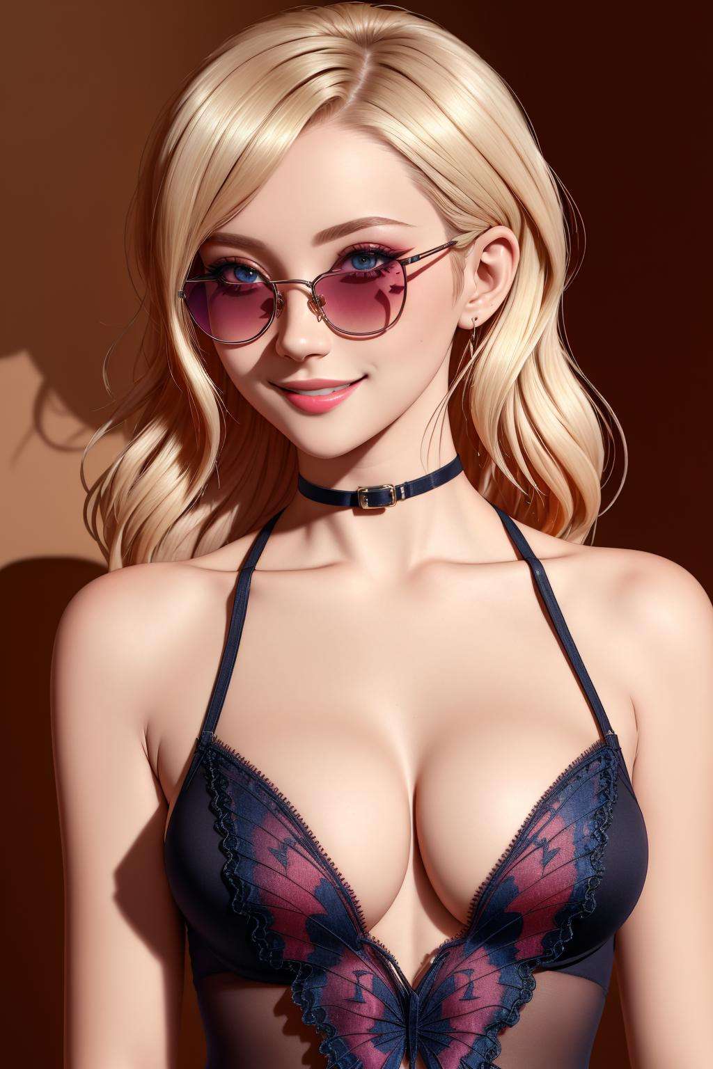 4K, Masterpiece, highres, absurdres,zeronis,natural volumetric lighting and best shadows, deep depth of field, sharp focus, smiling,edgleotard,butterfly_top, blonde Nadia with sunglasses and a choker, in a leotard posing for a picture  [edgleotard|butterfly_top], butterfly design (embroidery:1.2),<lora:ButterflyLeotards:0.75> <lora:Nadia:0.35> <lora:zeronis:0.8> 