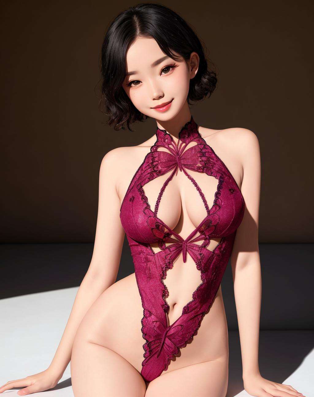 4K, Masterpiece, highres, absurdres,natural volumetric lighting and best shadows, deep depth of field, sharp focus, smiling,edgleotard,butterfly_top, a woman in a leotard posing for a picture  [edgleotard|butterfly_top], (butterfly design embroidery:1.15),<lora:ButterflyLeotards:0.775>