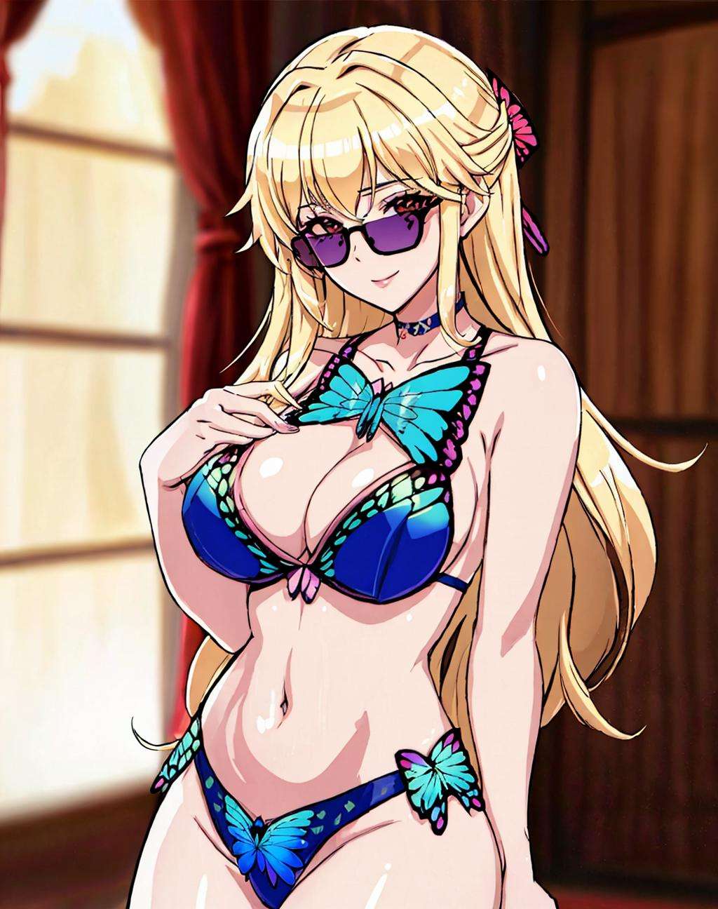 4K, Masterpiece, highres, absurdres,natural volumetric lighting and best shadows, deep depth of field, sharp focus, smiling,soft delicate beautiful attractive face,(edgCoquine:1.1), butterfly_top, blonde (Nadia with sunglasses) and a choker, in a colored sexy attire, see through fabric over the navel ,wearing [edgCoquine|butterfly_top],(butterfly design embroidery:1.2), (cowboy shot:1.3) , <lora:Nadia:0.35> <lora:zeronis:0.7> <lora:DitaStyle-000005:0.5>  <lora:PapillonCoquin:0.7>