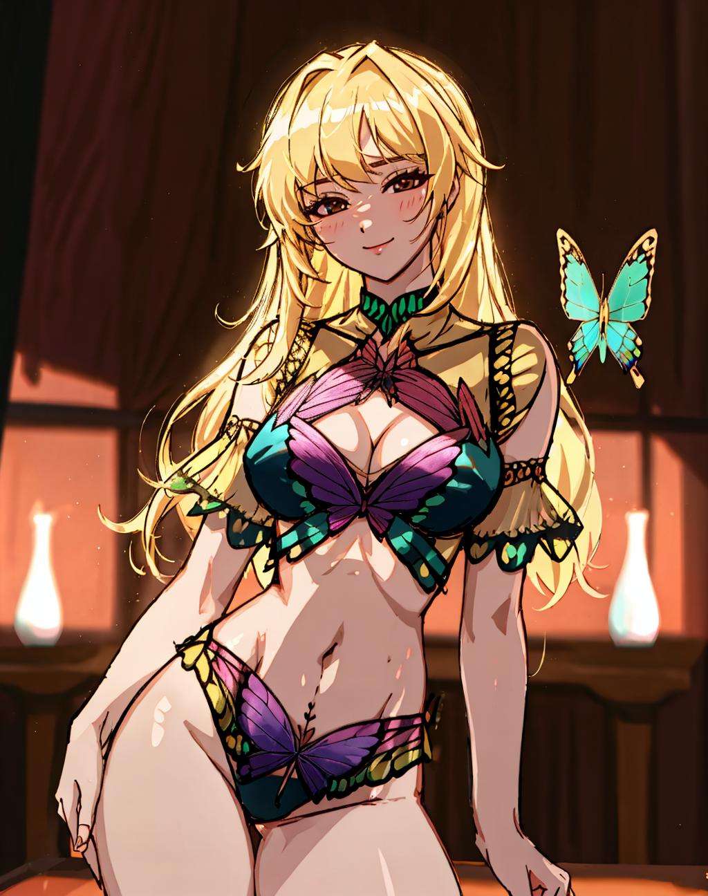 4K, Masterpiece, highres, absurdres,natural volumetric lighting and best shadows, deep depth of field, sharp focus, smiling,soft delicate beautiful attractive face,(edgCoquine:1.1), butterfly_top, blonde (Nadia with sunglasses) and a choker, in a colored sexy attire, see through fabric over the navel ,wearing [edgCoquine|butterfly_top],(butterfly design embroidery:1.2), (cowboy shot:1.3) , <lora:Nadia:0.35> <lora:zeronis:0.7> <lora:DitaStyle-000005:0.5>  <lora:PapillonCoquin:0.7>