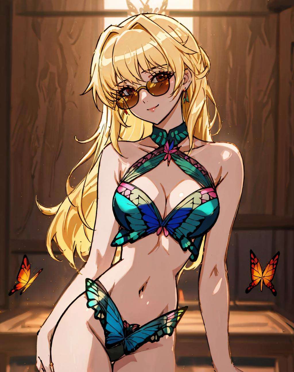 4K, Masterpiece, highres, absurdres,natural volumetric lighting and best shadows, deep depth of field, sharp focus, smiling,soft delicate beautiful attractive face,(edgCoquine:1.1), butterfly_top, blonde (Nadia with sunglasses) and a choker, in a colored sexy attire, see through fabric over the navel ,wearing [edgCoquine|butterfly_top],(butterfly design embroidery:1.2), (cowboy shot:1.3) , <lora:Nadia:0.35> <lora:zeronis:0.7> <lora:DitaStyle-000005:0.5>  <lora:PapillonCoquin:0.7>