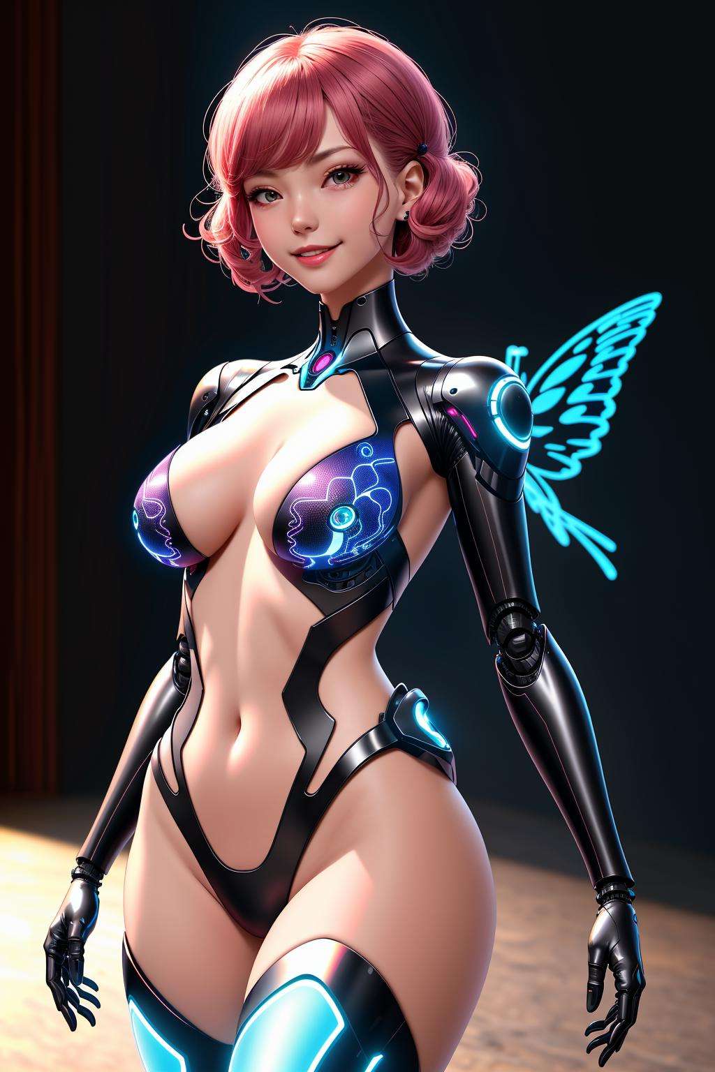 4K, Masterpiece, highres, absurdres,natural volumetric lighting and best shadows, smiling,deep depth of field,soft delicate beautiful attractive woman, futurstic suit, mecha, robotic, sharp focus,edgMechagirl, bullterfly_top,wearing [edgMechaGirl|butterfly_top],butterfly design cyber armor,((cowboy shot)),butterfly design embroidery , <lora:MechaButterfly:0.75>