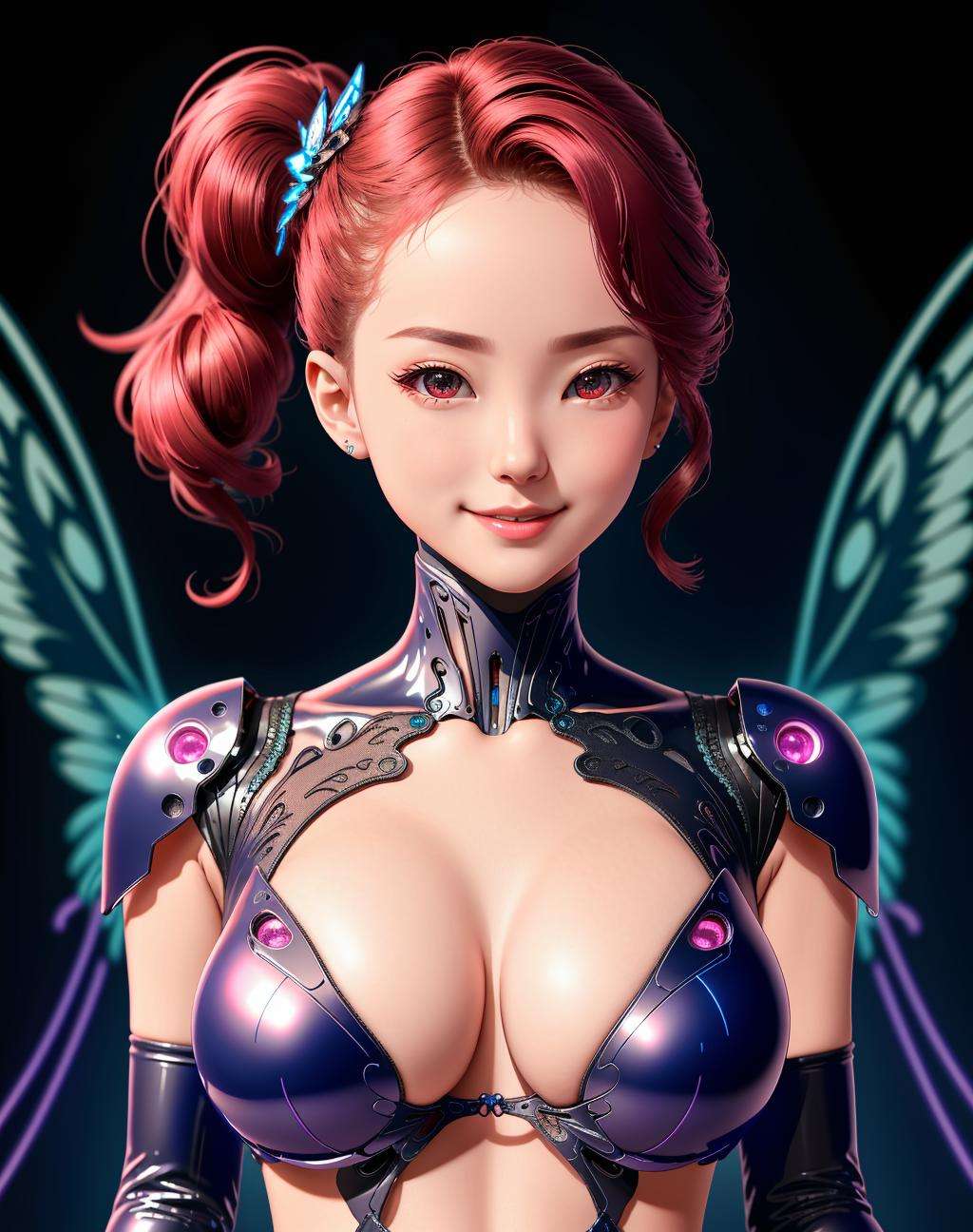 4K, Masterpiece, highres, absurdres,natural volumetric lighting and best shadows, smiling,deep depth of field,soft delicate beautiful attractive woman, futurstic suit, mecha, robotic, sharp focus,edgMechagirl, bullterfly_top,wearing [edgMechaGirl|butterfly_top],butterfly design cyber armor,cowboy shot,butterfly design embroidery , <lora:MechaButterfly:1>