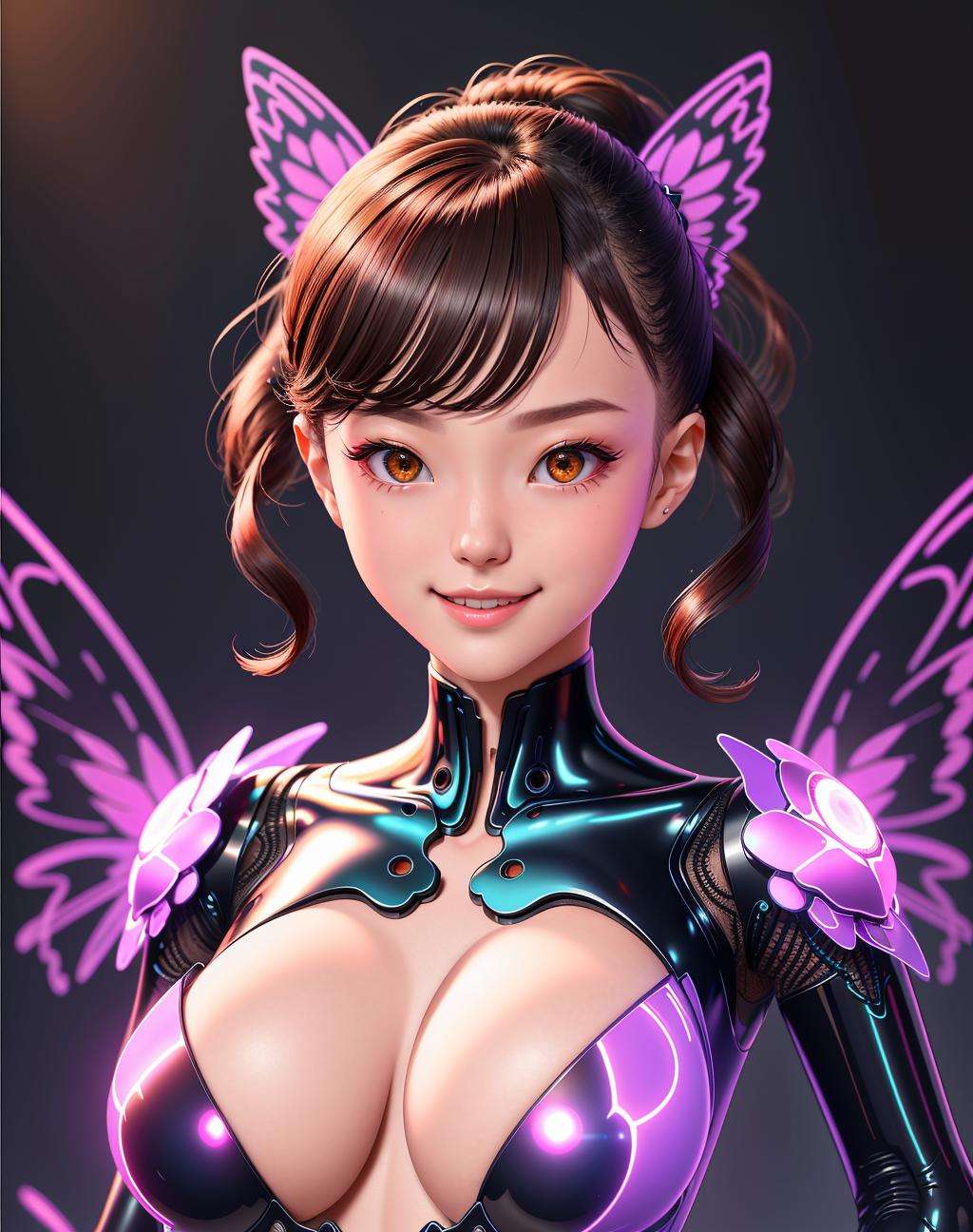 4K, Masterpiece, highres, absurdres,natural volumetric lighting and best shadows, smiling,deep depth of field,soft delicate beautiful attractive woman, futurstic suit, mecha, robotic, sharp focus,edgMechagirl, bullterfly_top,wearing [edgMechaGirl|butterfly_top],butterfly design cyber armor,cowboy shot,butterfly design embroidery , <lora:MechaButterfly:1>