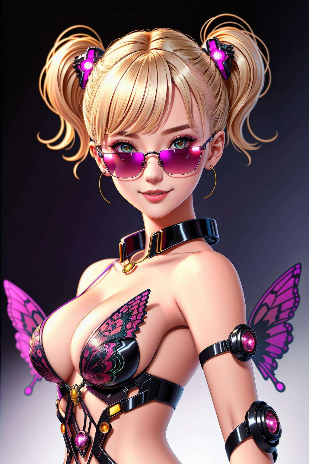 4K, Masterpiece, highres, absurdres,natural volumetric lighting and best shadows, smiling,deep depth of field,soft delicate beautiful attractive blonde Nadia with sunglasses and a choker, (futurstic suit, mecha, robotic, sharp focus,edgMechagirl,:1.2) bullterfly_top,wearing edgMechaGirl,butterfly design cyber armor,((cowboy shot)),butterfly design embroidery , <lora:MechaButterfly:0.8> <lora:Nadia:0.35>