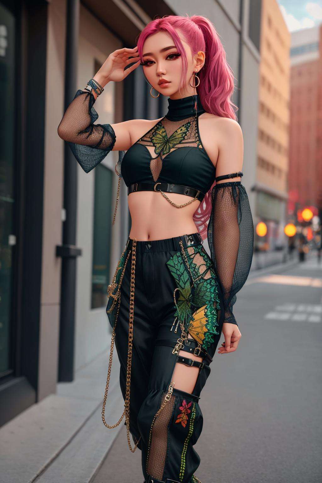 4K, Masterpiece, highres, absurdres, [Urban_Gal|butterfly_top], womzn, wearing Urban_Gal, multicolor butterfly design embroidery, long baggy pants, multiple iron chains, fishnets, turtleneck <lora:UrbanButterfly:1>