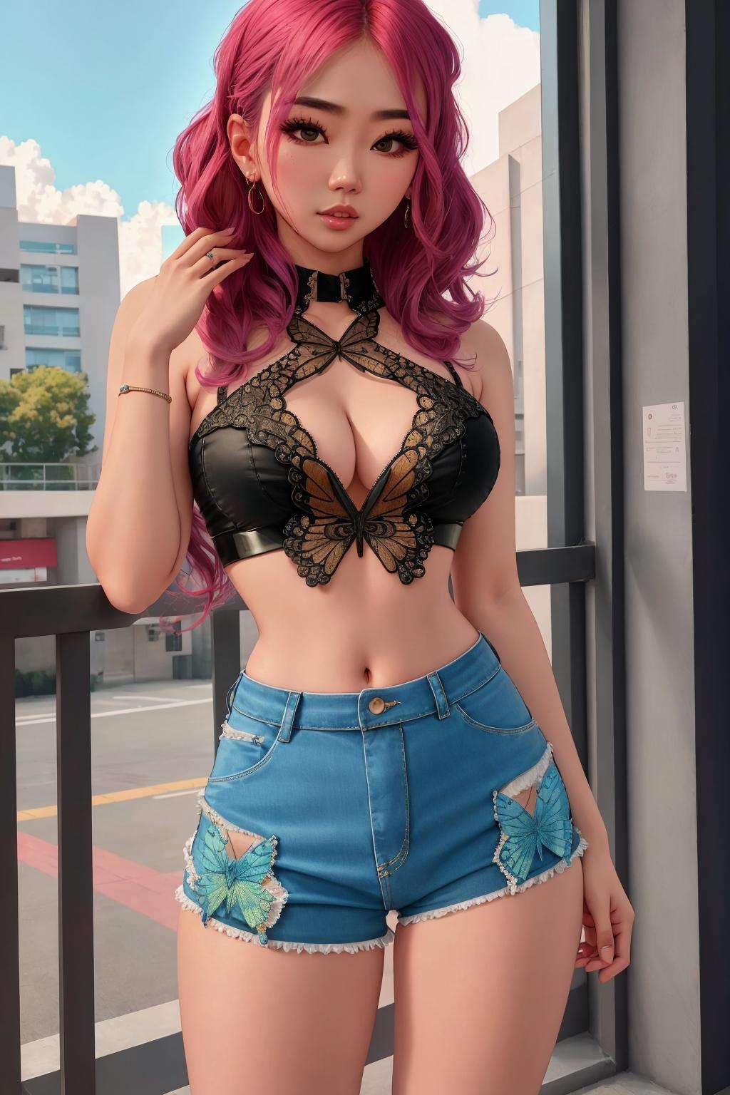 4K, Masterpiece, highres, absurdres, Urban_Gal,butterfly_top, a woman standing for a picture , asian woman wearing Urban_Gal,  fishnets,butterfly design embroidery <lora:UrbanButterfly:1>