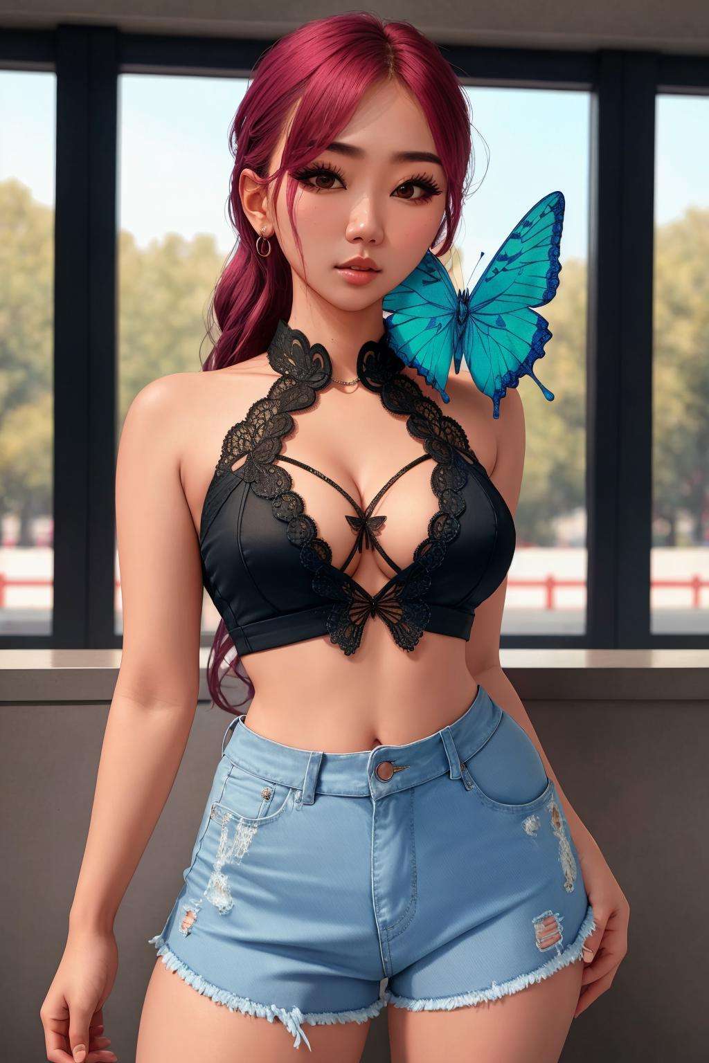 4K, Masterpiece, highres, absurdres, Urban_Gal,butterfly_top, a woman standing for a picture , asian woman wearing Urban_Gal, butterfly design embroidery, plaid shirt, <lora:UrbanButterfly:1>