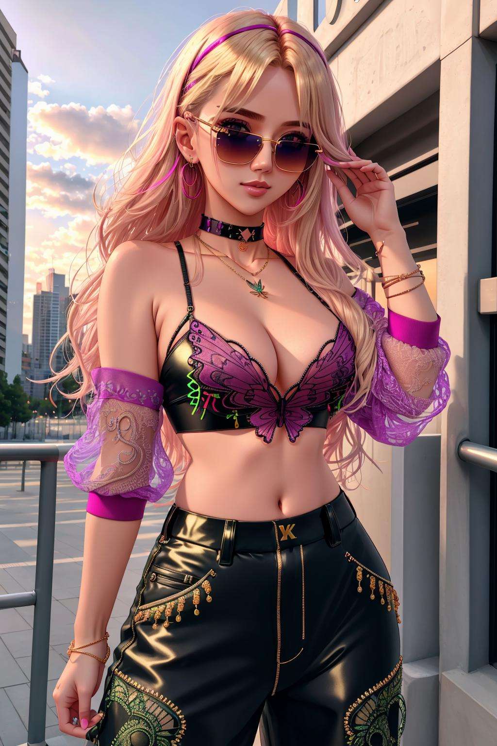 4K, Masterpiece, highres, absurdres, [Urban_Gal|butterfly_top], Blonde Nadia with sunglasses and a choker, standing for a picture , wearing Urban_Gal, multicolor butterfly design embroidery, long baggy pants <lora:UrbanButterfly:1> <lora:Nadia:0.5>