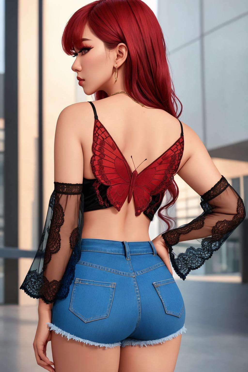 4K, Masterpiece, highres, absurdres, Urban_Gal,butterfly_top, a woman standing for a picture , asian woman wearing Urban_Gal, butterfly design embroidery <lora:UrbanButterfly:0.75>