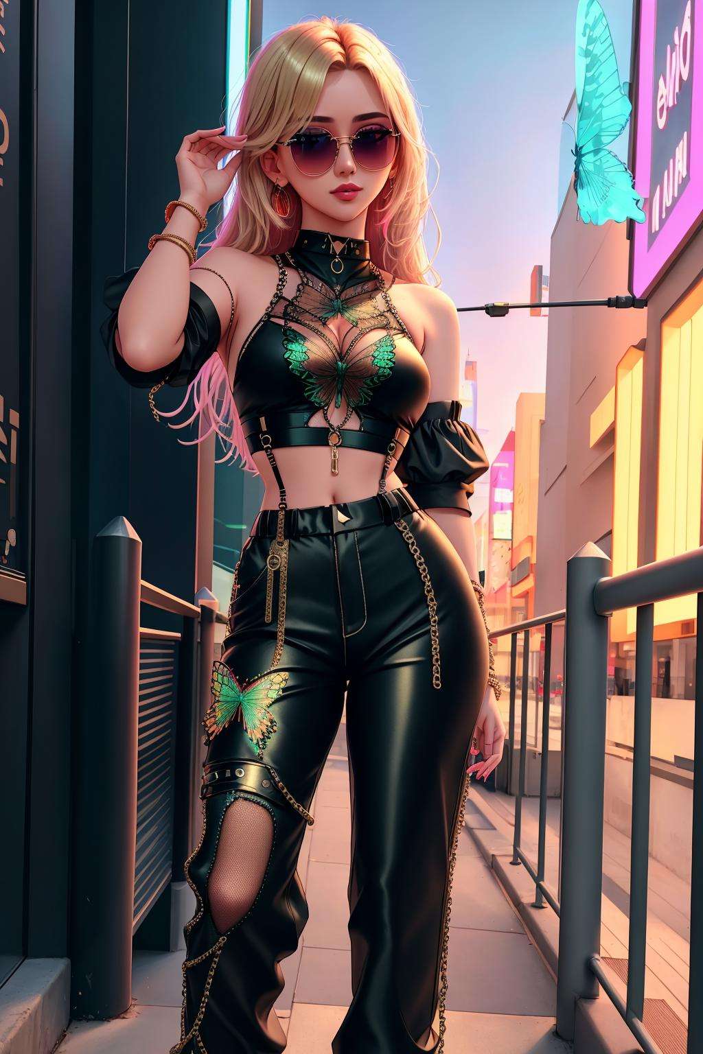 4K, Masterpiece, highres, absurdres, [Urban_Gal|butterfly_top], Blonde Nadia with sunglasses and a choker, standing for a picture , wearing Urban_Gal, multicolor butterfly design embroidery, long baggy pants, multiple iron chains, fishnets, turtleneck <lora:UrbanButterfly:1> <lora:Nadia:0.5>