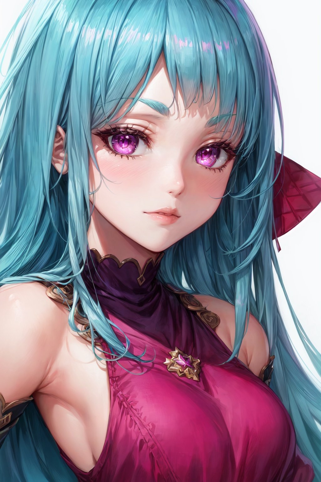 best quality, ultra detailed, beautiful face, perfect anatomy, 1girl, solo, mememe, long hair, aqua hair, blunt bangs, pink eyes, pink dress, purple sleeves, purple thigh highs,  white background,