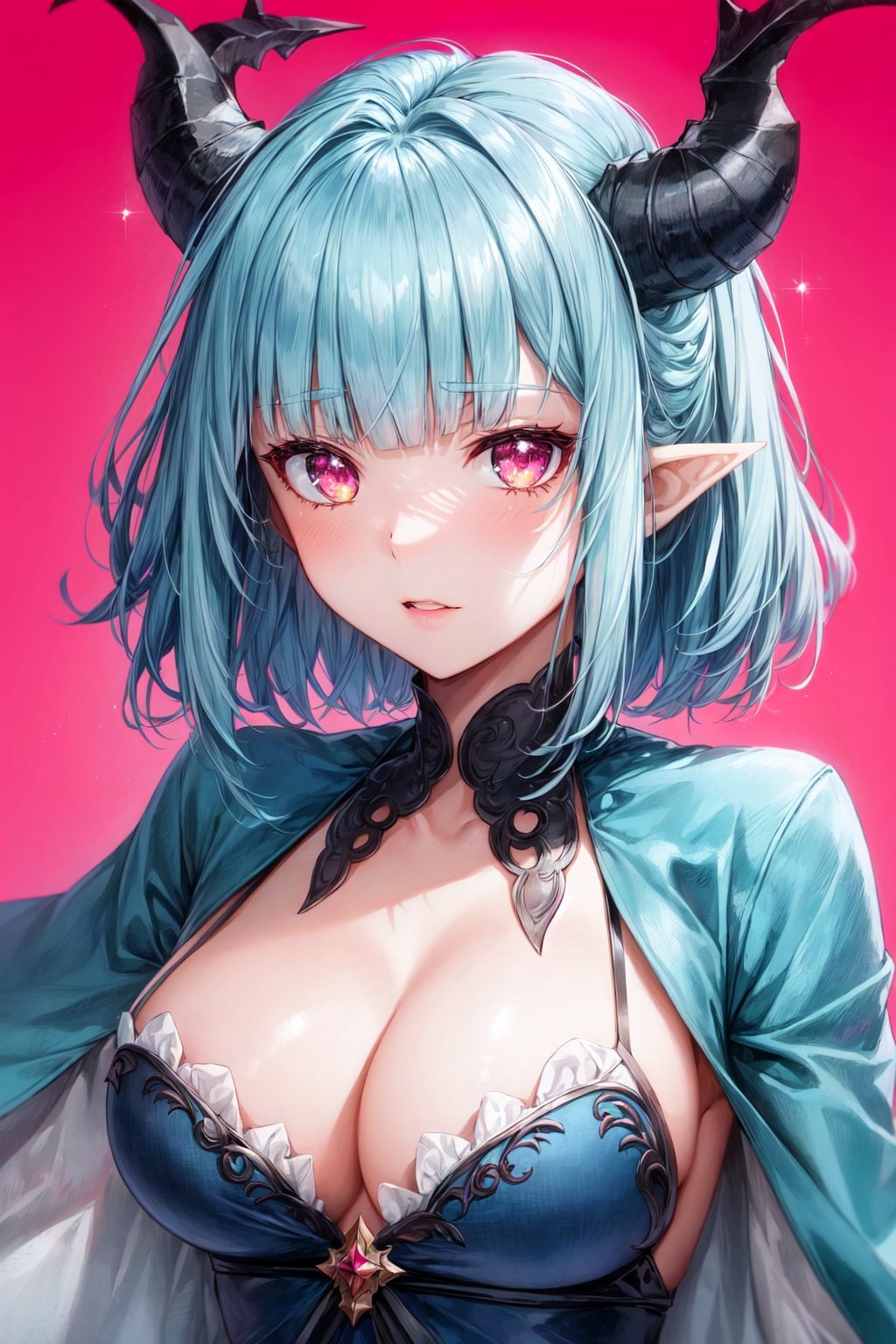 1girl, dragon girl, dragon horns, large breasts, dress, formal, cleavage, sparkling pink eyes, blue hair, simple background, pointy ears, short hair, sidelocks, blunt ends, upper body, (blunt bangs:1.3)