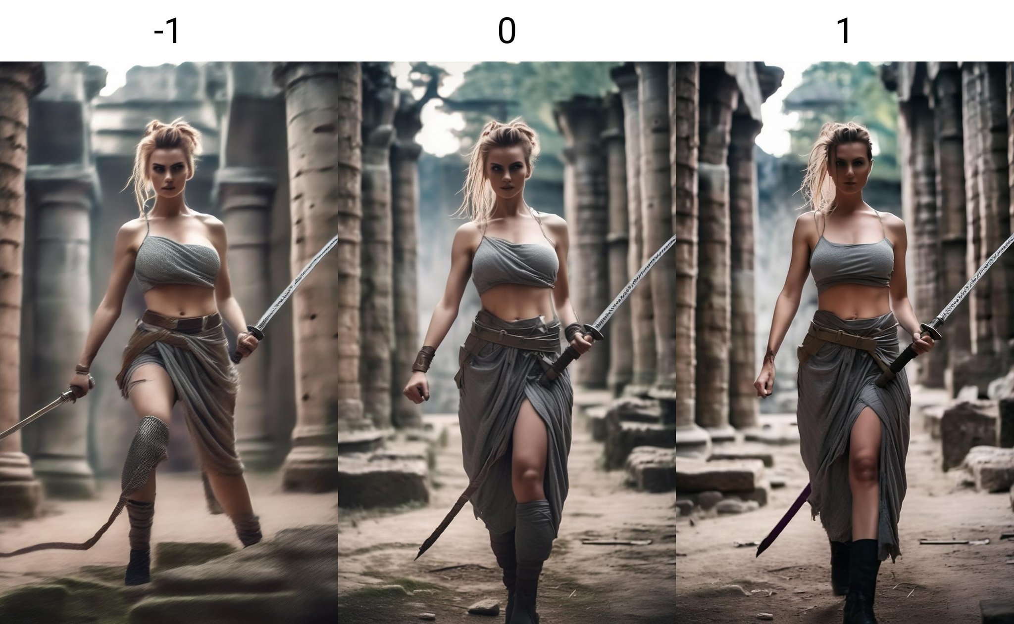 <lora:neg4all_xl_bdsqlsz_V4:-1>slender woman in chainmail halter top, hair in messy bun, big breasts, lunging to the camera with a saber, dynamic pose among ancient ruins