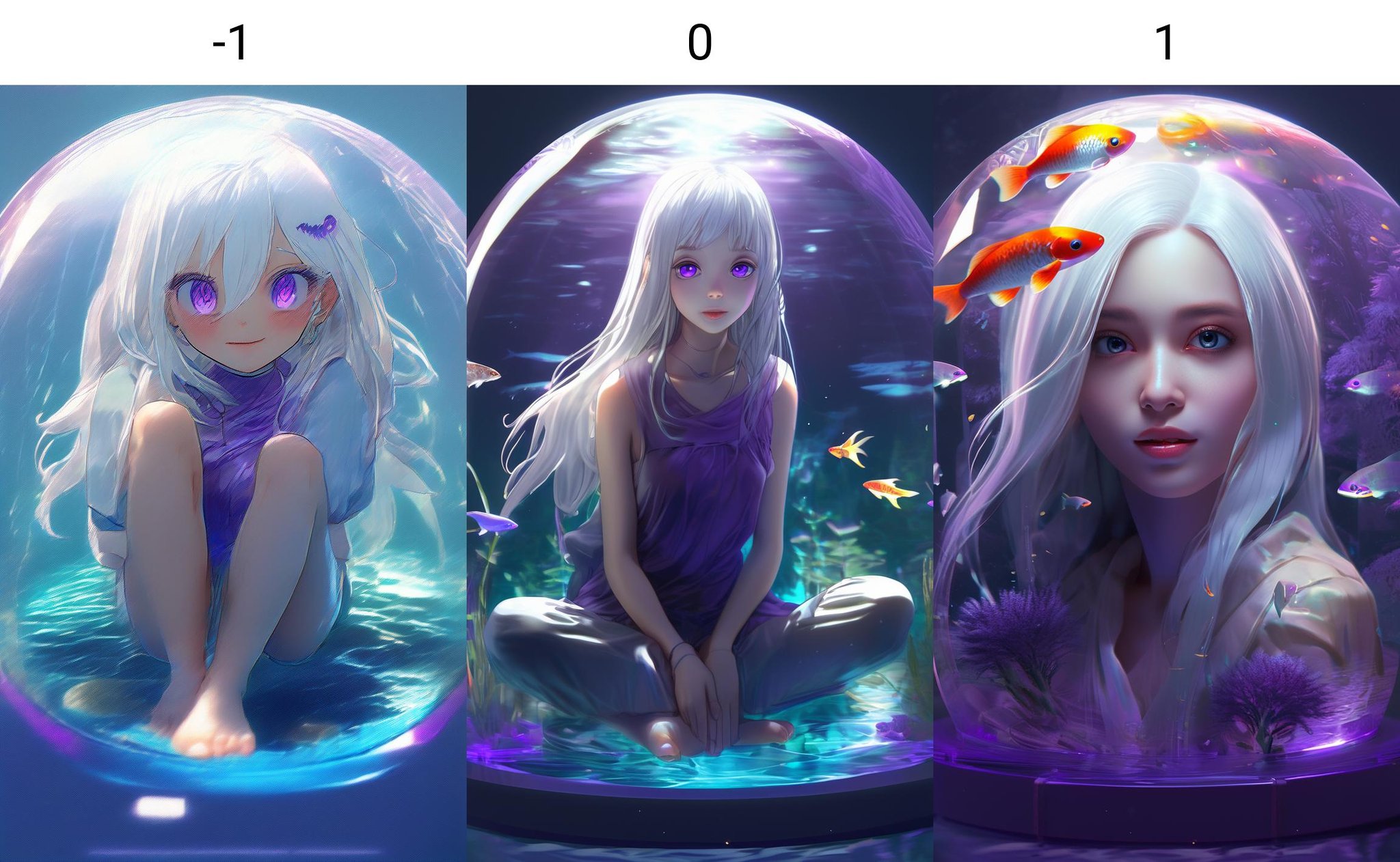 <lora:neg4all_xl_bdsqlsz_V4:-1>[(Transparent background:1.5)::5],illustration, 1girl,solo,mysterious,vivid color,shiny, underwater transparent sealed hemispherical glass dome, (white hair),(purple eyes), full body,barefoot,long hair tranquil nature, koi,Underwater, Dome,close up,Dynamic actions,Lens perspective,(((Box composition))),sit cross-legged and lean against the bookshel, volumetric lighting, multi-color eyes, detailed eyes, hyper detailed,light smile, highly detailed, beautiful, small details, ultra detailed, best quality, intricate, 4k, 8k, trending on artstation, good anatomy, beautiful lighting, award-winning,