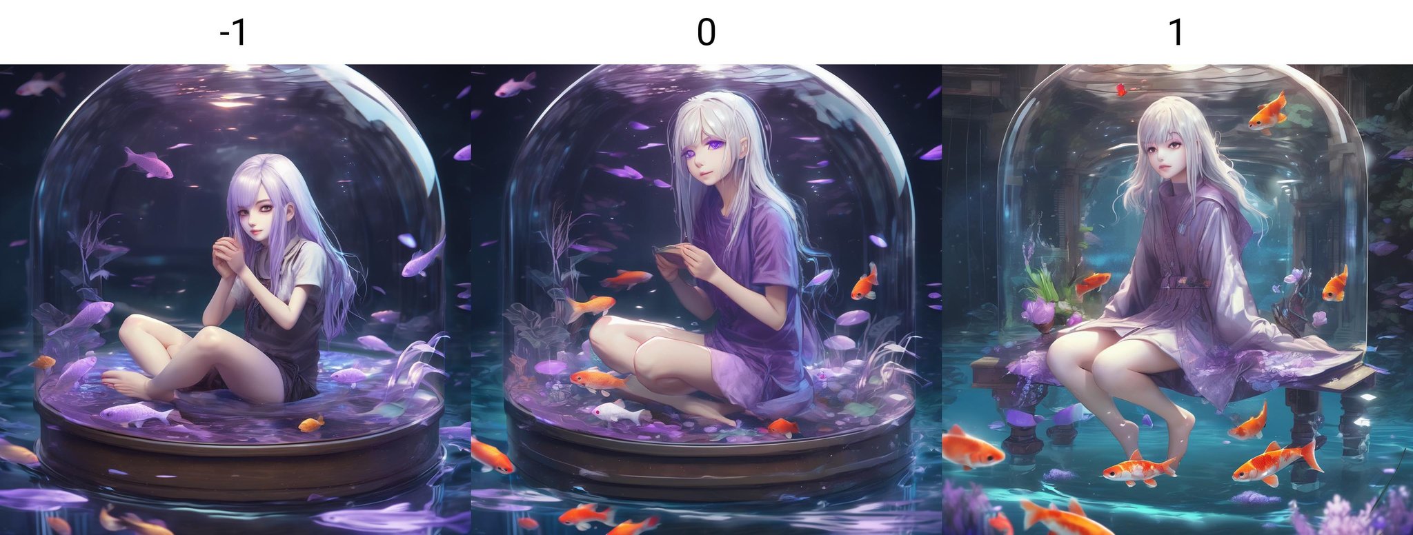 <lora:neg4all_bdsqlsz_xl_1.0_200steps:-1>[(Transparent background:1.5)::5],illustration, 1girl,solo,mysterious,vivid color,shiny, underwater transparent sealed hemispherical glass dome, (white hair),(purple eyes), full body,barefoot,long hair tranquil nature, koi,Underwater, Dome,close up,Dynamic actions,Lens perspective,(((Box composition))),sit cross-legged and lean against the bookshel, volumetric lighting, multi-color eyes, detailed eyes, hyper detailed,light smile, highly detailed, beautiful, small details, ultra detailed, best quality, intricate, 4k, 8k, trending on artstation, good anatomy, beautiful lighting, award-winning, 