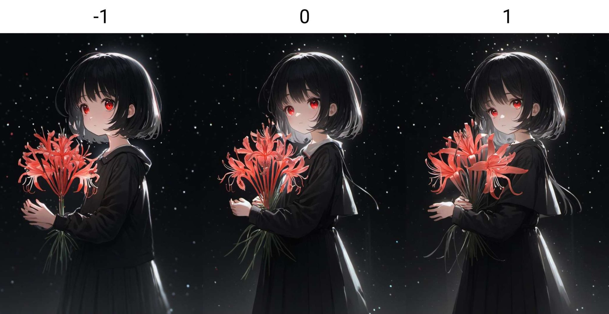face focus, cute, masterpiece, best quality, 1girl holding lycoris, black background, light particle, solo, black hair, red eyes, standing, pixiv, depth of field, cinematic compotision, best lighting, looking up<lora:neg4all_bdsqlsz_xl_V6:-1>, 