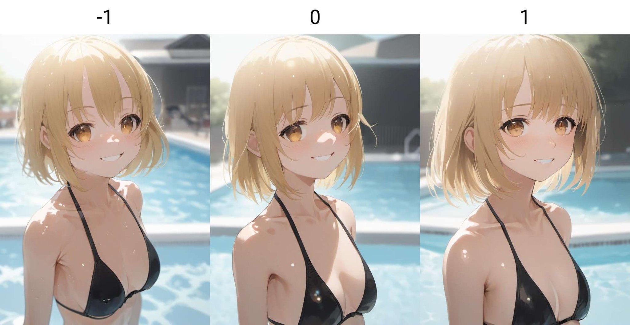 face focus, closed mouth, dynamic angle, atomosphere fog, upper body, 1girl, looking at viewer, black bikini,cute, poolside, solo, blonde hair, brown eyes, pixiv, depth of field, day, lens flare, light smile<lora:neg4all_bdsqlsz_xl_V6:-1>