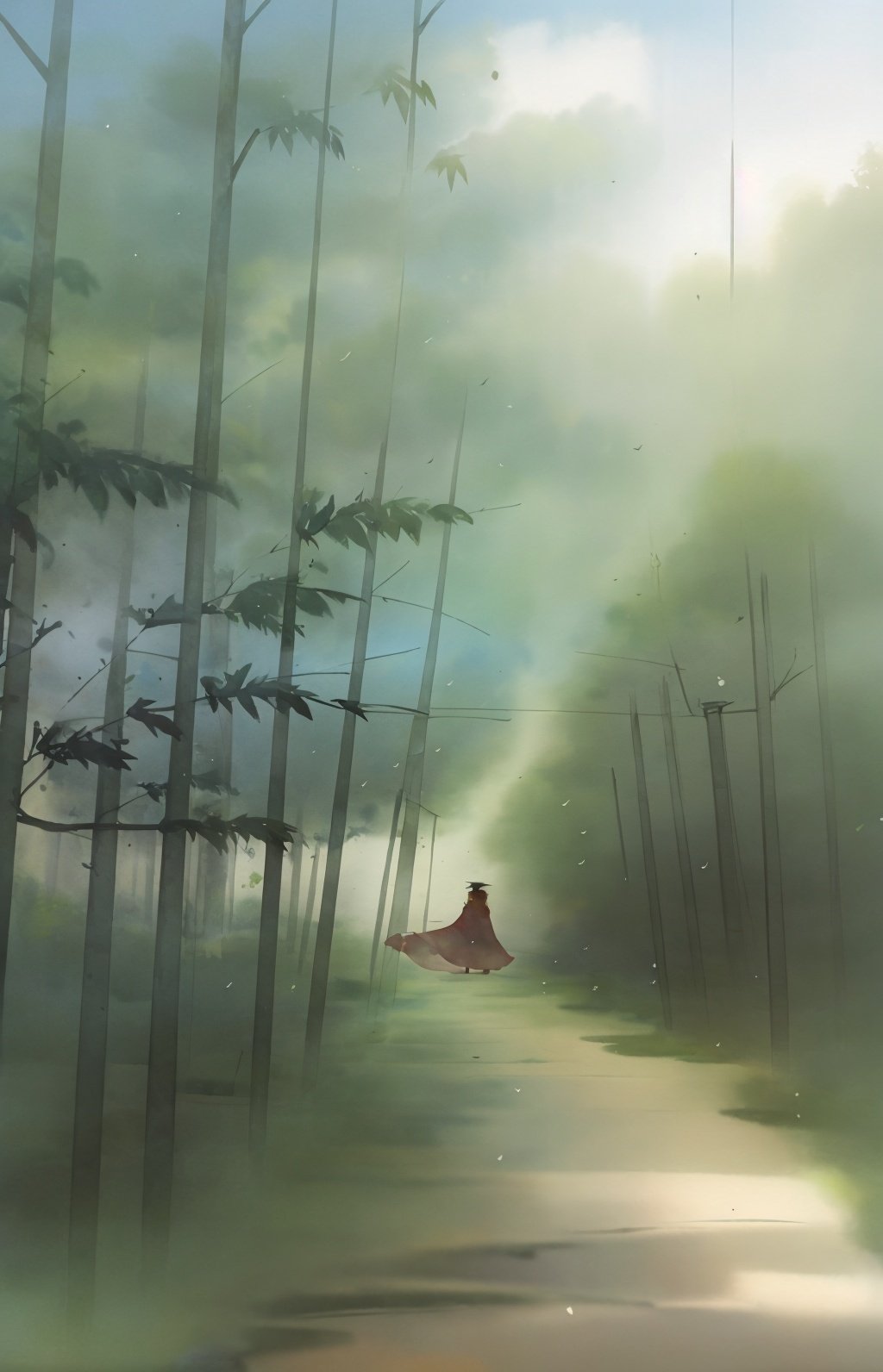 TWCP, nature, bamboo forest, bamboo, forest, traditional media, scenery, solo, painting \(medium\), red cape,<lora:twcp-000006:1>