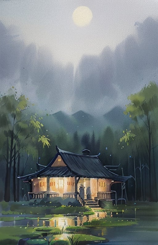 TWCP,raindrop,mountain,scenery,night,<lora:twcp-风景篇-水彩风格:0.9>,wood,tussock,wind,motion,bamboo forest,thatched cottage,field,ancient,desolation,