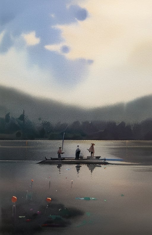 reflection,sunset,key,sense of reality,texture,watercolor style,<lora:twcp-风景篇-水彩风格:1>,the setting sun,sunset glow,scenery,monochrome,black and white color,ink style,the skill of polishing a painting with water,paper,