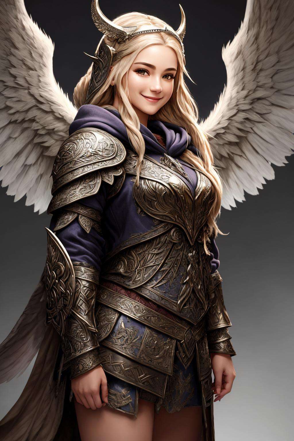 Masterpiece, absurdres, fine detail, HDR,beautiful smile, highly detailed facial features,hoodie, a [woman|walkure] posing for a picture , wearing [walkure_armor, viking|hoodie], WINGS, viking,norse setting <lora:ValkHoodie:0.75>