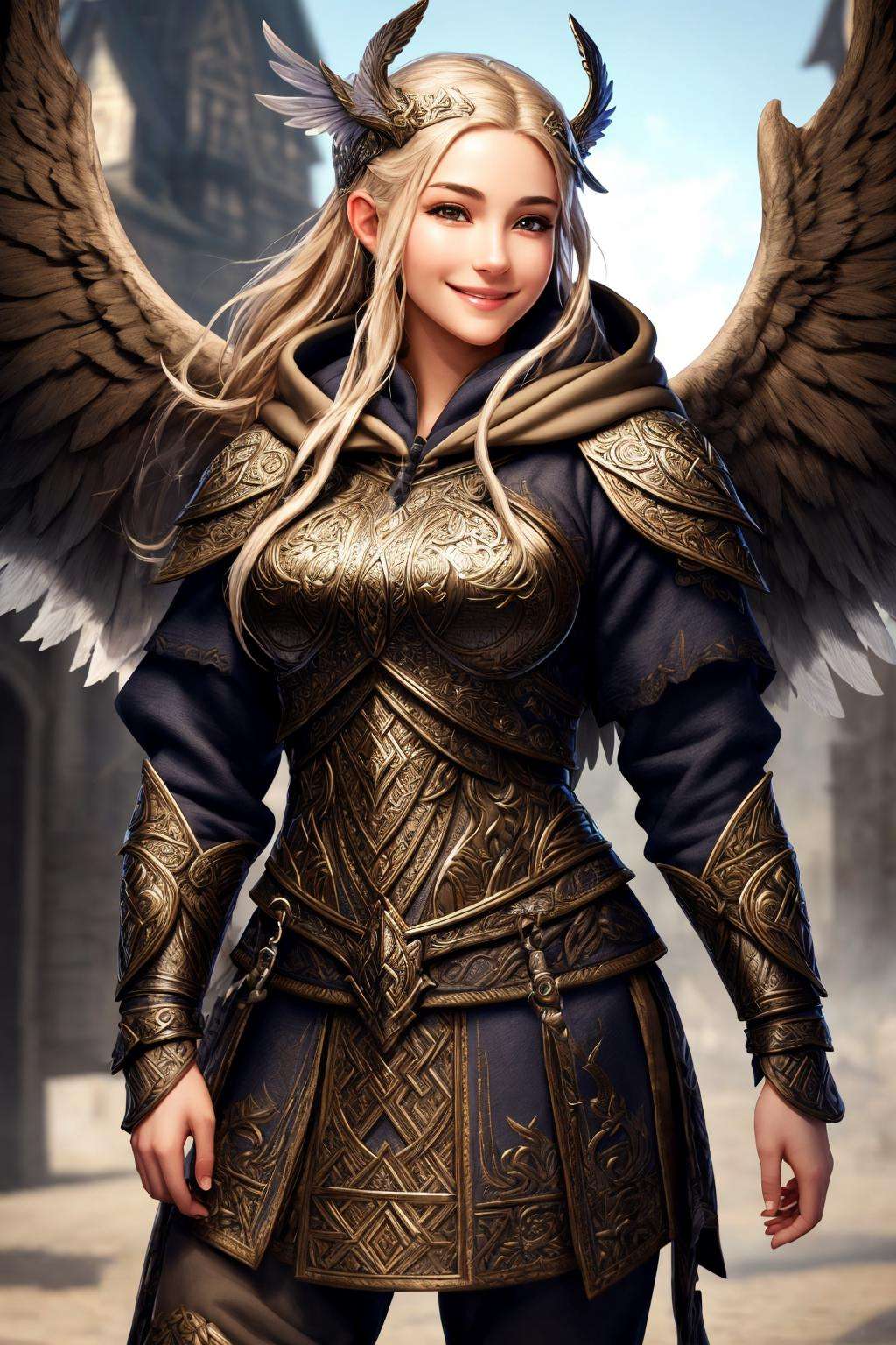 Masterpiece, absurdres, fine detail, HDR,beautiful smile, highly detailed facial features,hoodie, a [woman|walkure] posing for a picture , wearing [walkure_armor, viking|hoodie], WINGS, viking,norse setting <lora:ValkHoodie:0.75>