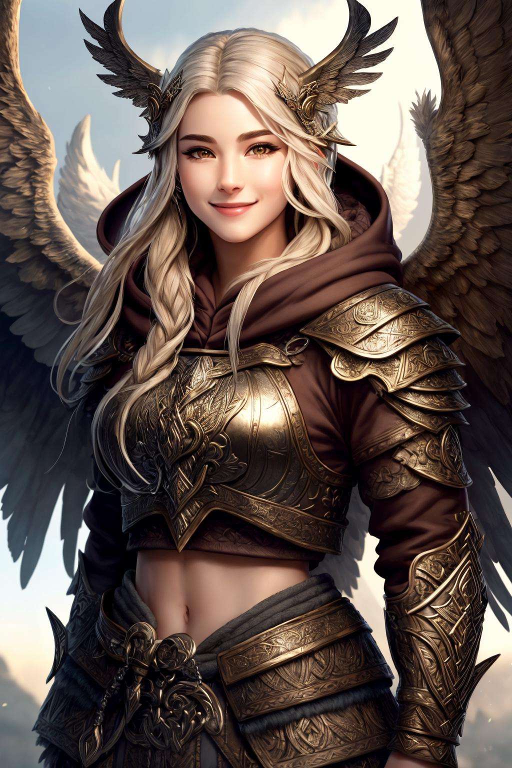 Masterpiece, absurdres, fine detail, HDR,beautiful smile, highly detailed facial features,hoodie, a [woman|walkure] posing for a picture , wearing [walkure_armor, viking|hoodie], WINGS, viking,norse setting <lora:ValkHoodie:0.75>