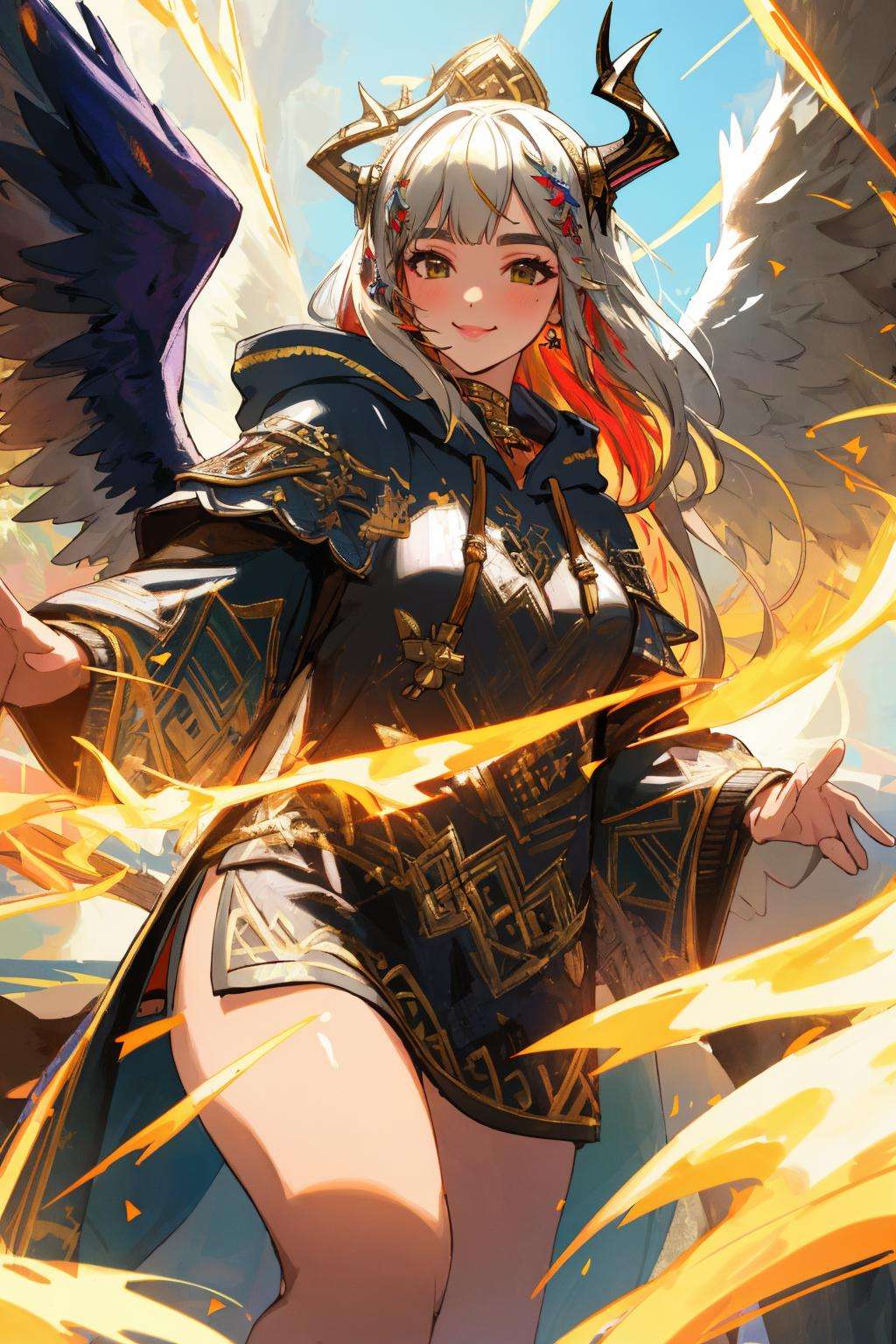 Masterpiece, absurdres, fine detail, HDR,beautiful smile, highly detailed facial features, Dua Lipa,multicolor fabric, hoodie, a [woman|walkure] posing for a picture , wearing [walkure_armor, viking|hoodie], WINGS, viking,norse setting <lora:ValkHoodie:0.75>
