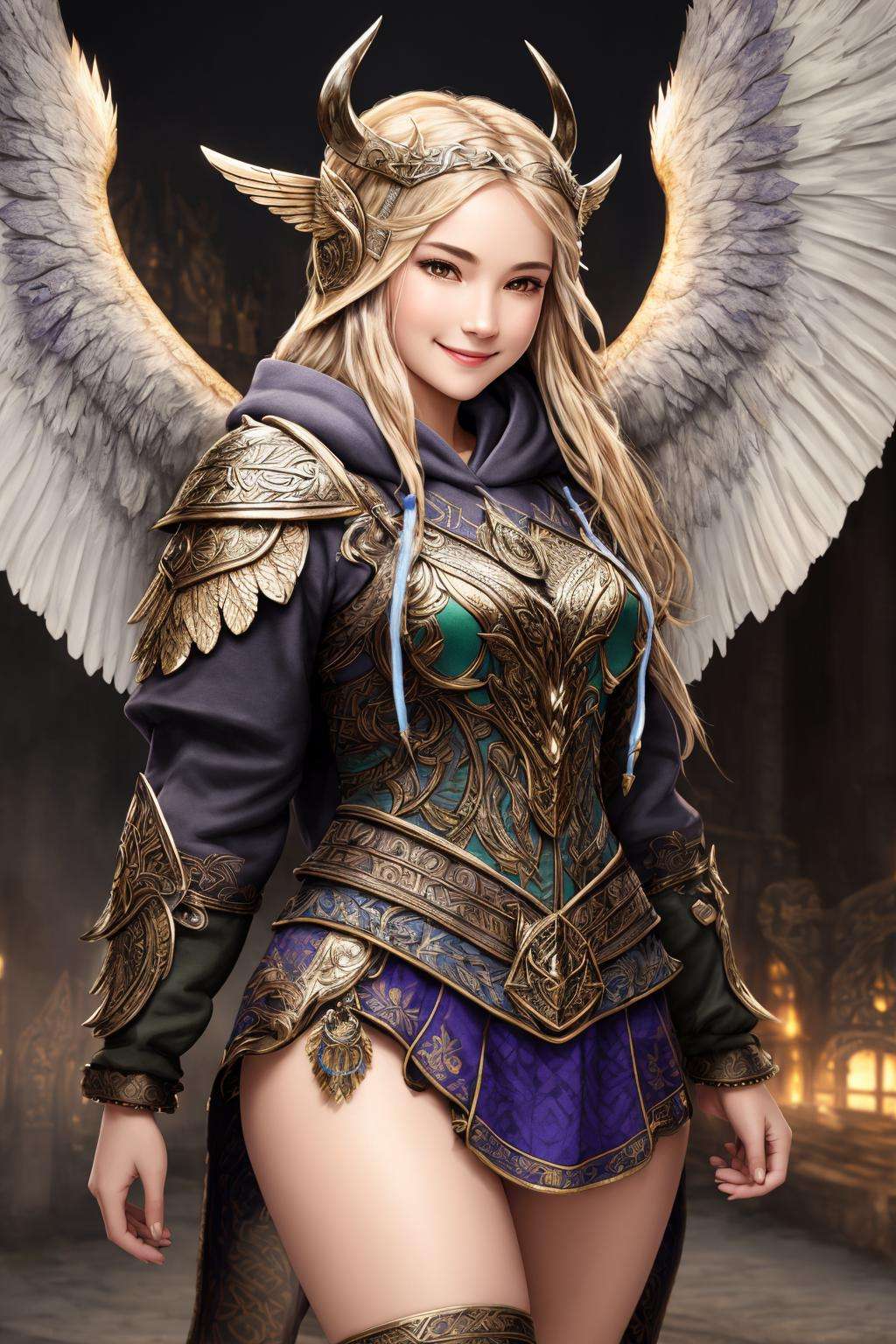 Masterpiece, absurdres, fine detail, HDR,beautiful smile, highly detailed facial features,multicolor fabric, hoodie, a [woman|walkure] posing for a picture , wearing [walkure_armor, viking|hoodie], WINGS, viking,norse setting <lora:ValkHoodie:0.75>