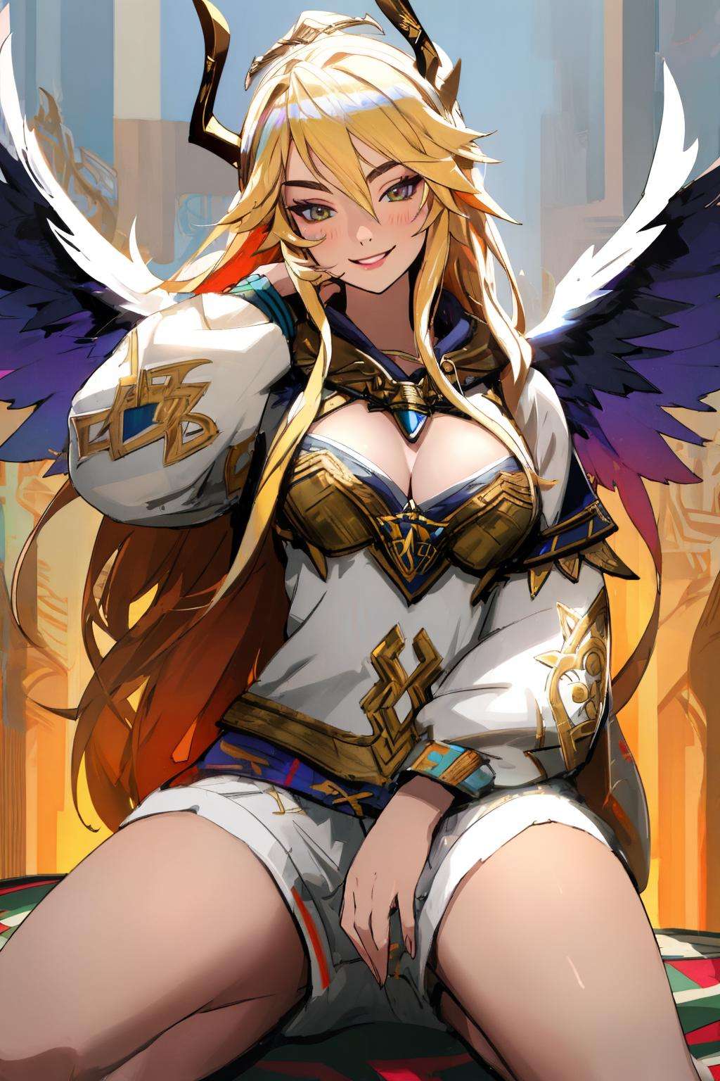 Masterpiece, absurdres, fine detail, HDR,beautiful smile, highly detailed facial features, Margot Robbie,multicolor fabric, hoodie, a [woman|walkure] posing for a picture , wearing [walkure_armor, viking|hoodie], WINGS, viking,norse setting <lora:ValkHoodie:0.75>