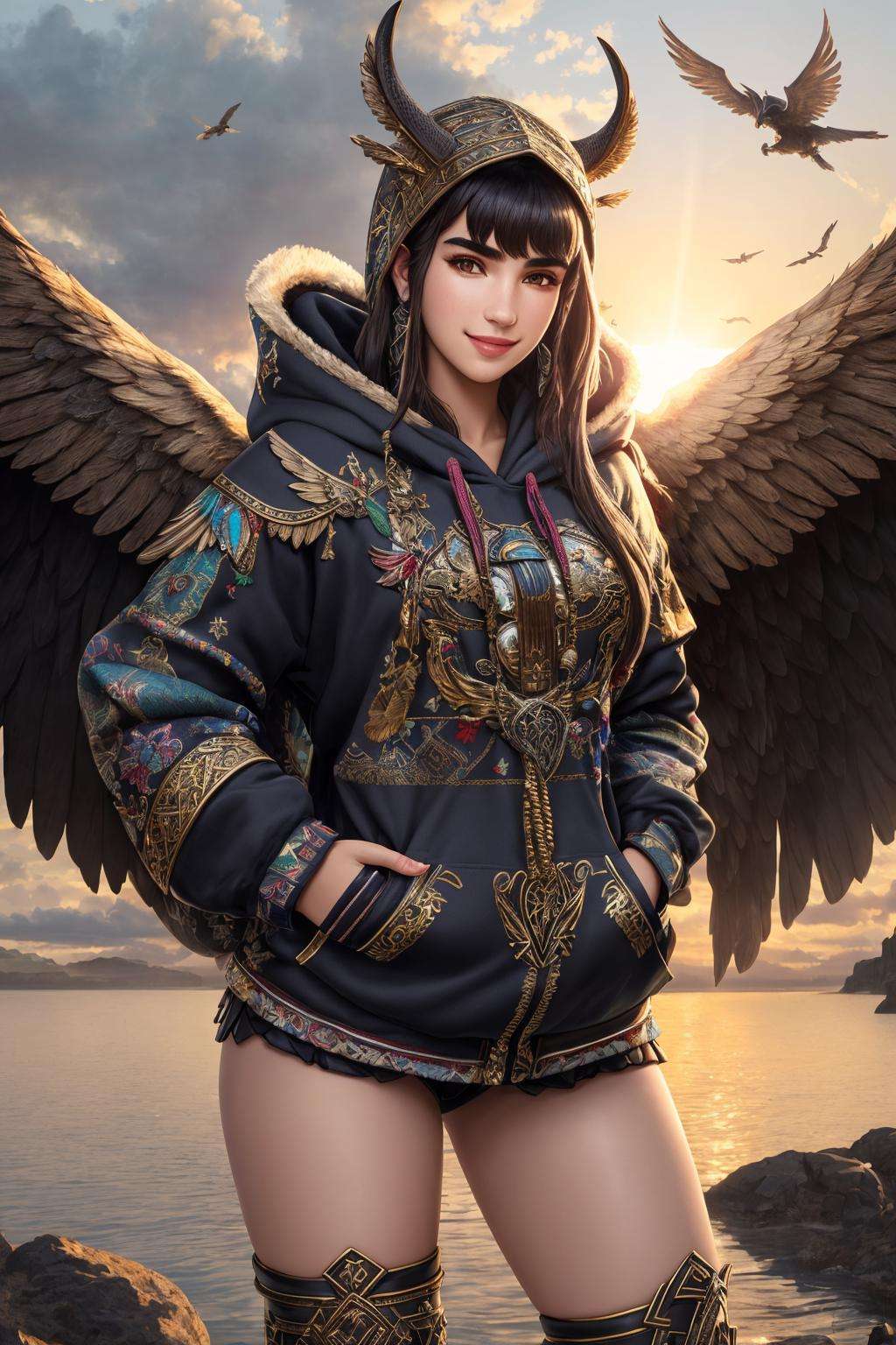 Masterpiece, absurdres, fine detail, HDR,beautiful smile, highly detailed facial features, Dua Lipa,multicolor fabric, hoodie, a [woman|walkure] posing for a picture , wearing [walkure_armor, viking|hoodie], WINGS, viking,norse setting <lora:ValkHoodie:0.75>