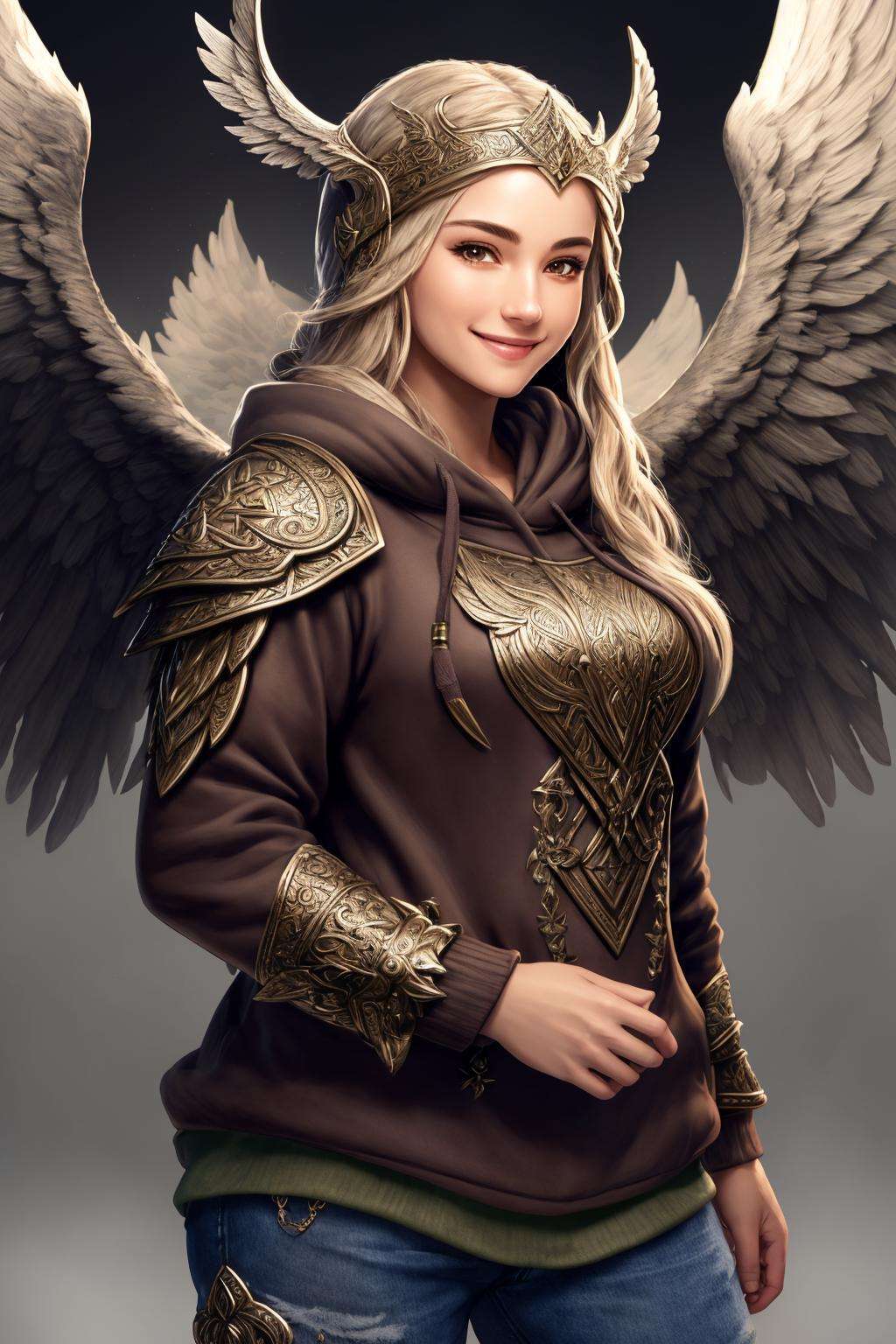 Masterpiece, absurdres, fine detail, HDR,beautiful smile, highly detailed facial features,hoodie, a [woman|walkure] posing for a picture , wearing [walkure_armor, viking|hoodie], WINGS, viking,norse setting <lora:ValkHoodie:0.75>