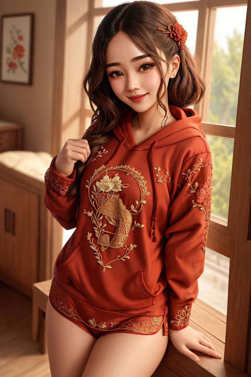 Masterpiece, absurdres, fine detail, HDR,(dudou,dudou_embroidery:1.25),  woman wearing the [dudou|hoodie]hoodie, a womanposing for a picture, smiling ,  chinese style <lora:DudouHoodies:0.78>