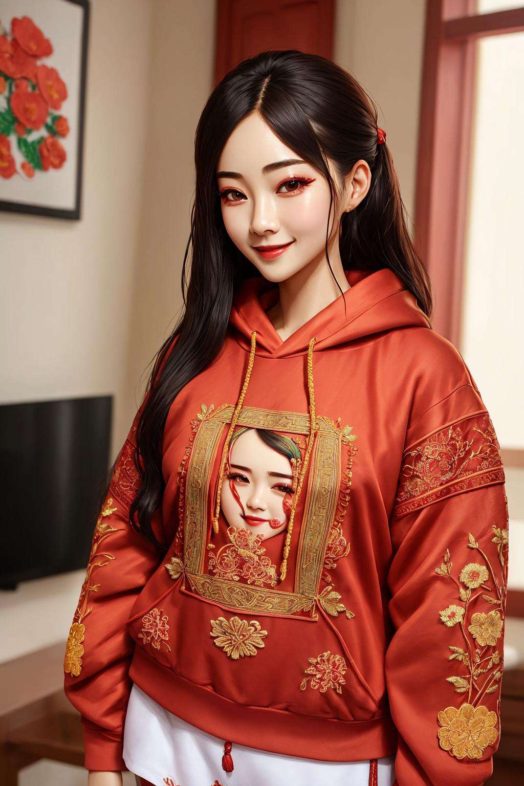 Masterpiece, absurdres, fine detail, HDR,(dudou,dudou_embroidery:1.25),  woman wearing the [dudou|hoodie]hoodie, a womanposing for a picture, smiling ,  chinese style,multicolor, <lora:DudouHoodies:0.78>