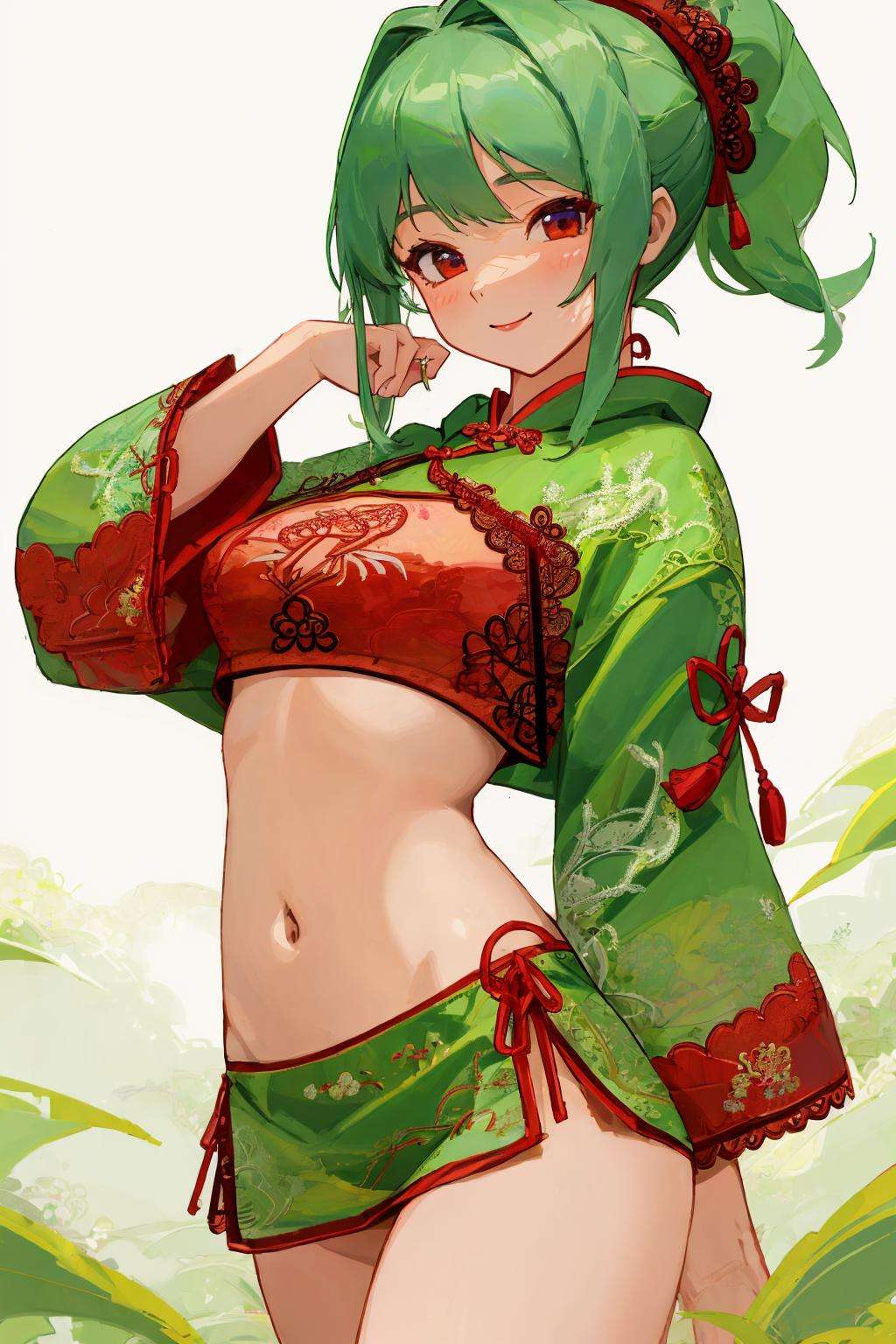 Masterpiece, absurdres, fine detail, HDR,(dudou,dudou_embroidery:1.3)hoodie, a woman posing for a picture, smiling ,  chinese style,green,navel cutout, <lora:DudouHoodies:0.78>