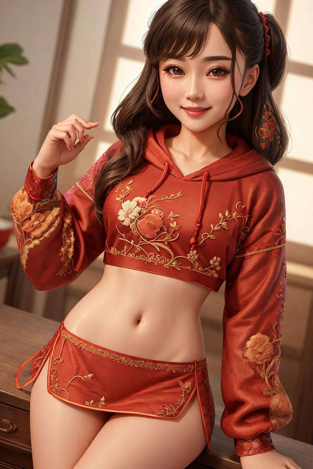 Masterpiece, absurdres, fine detail, HDR,(dudou,dudou_embroidery:1.25),  woman wearing the [dudou|hoodie]hoodie, a womanposing for a picture, smiling ,  chinese style,multicolor, <lora:DudouHoodies:0.78>