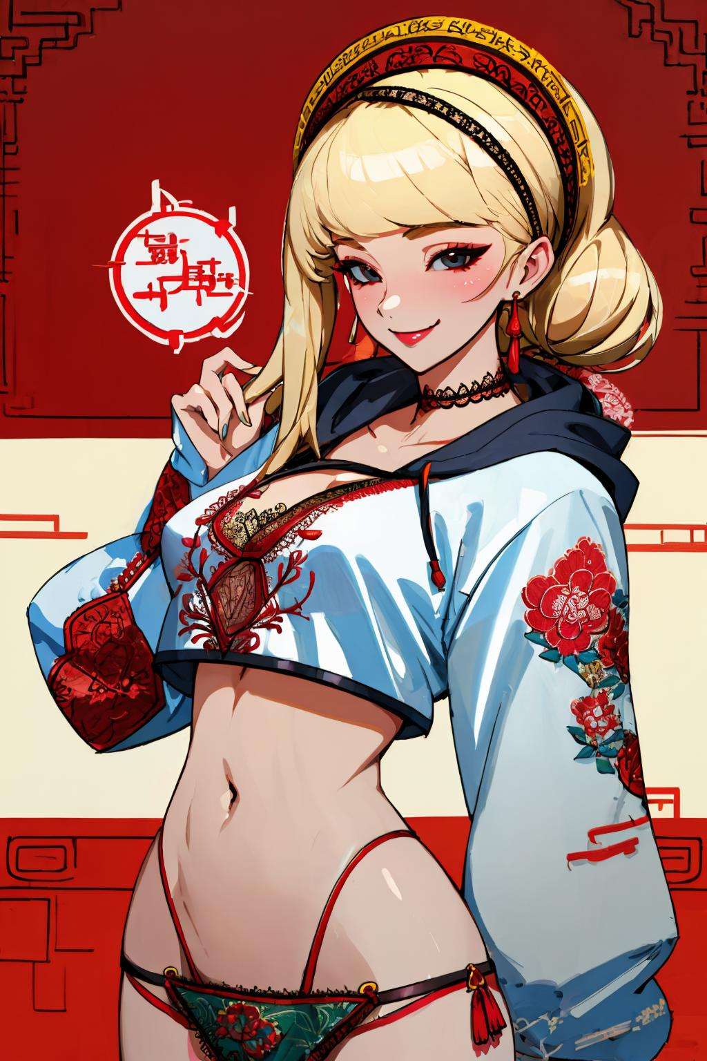 Masterpiece, absurdres, fine detail, HDR,(dudou,dudou_embroidery:1.3),([hoodie|dudou]::0.5),Blonde Nadia with choker and sunglasses,(hoodie:1.2), a woman posing for a picture, smiling ,  chinese style,black,navel cutout, <lora:DudouHoodies:0.78> <lora:Nadia_anime:0.5>