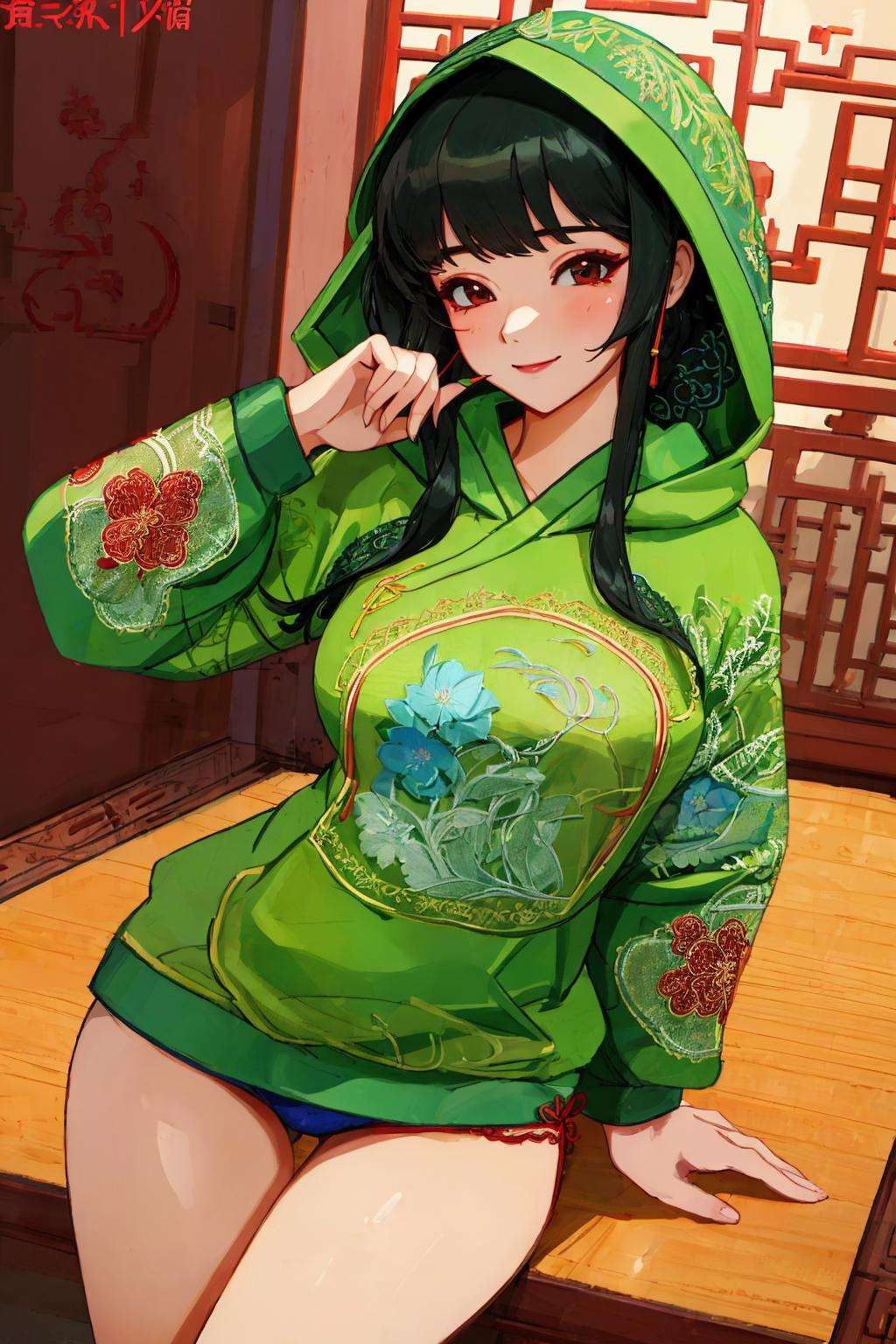 Masterpiece, absurdres, fine detail, HDR,(dudou,dudou_embroidery:1.3),  woman wearing the [dudou|hoodie]hoodie, a womanposing for a picture, smiling ,  chinese style,green, <lora:DudouHoodies:0.78>