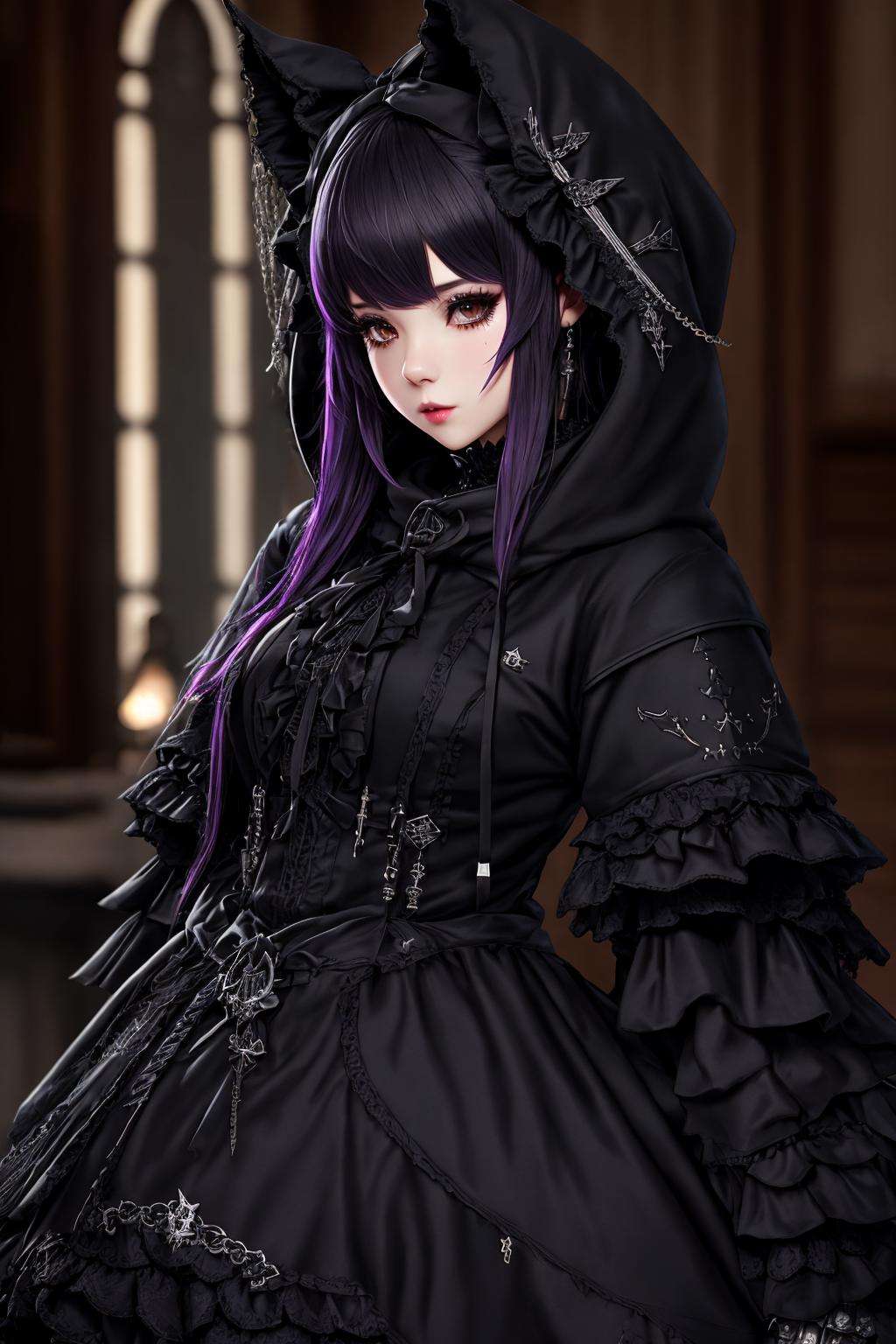 Masterpiece, absurdres,award winning photo, extremely detailed, amazing, fine detail,([hoodie|DRK_GLAM|GothGal]::0.5),DRK_GLAM,dark armor,a woman wearing a GothGal_hoodie, frills, ribbons, lace,skulls, <lora:DarkHoodies:1>