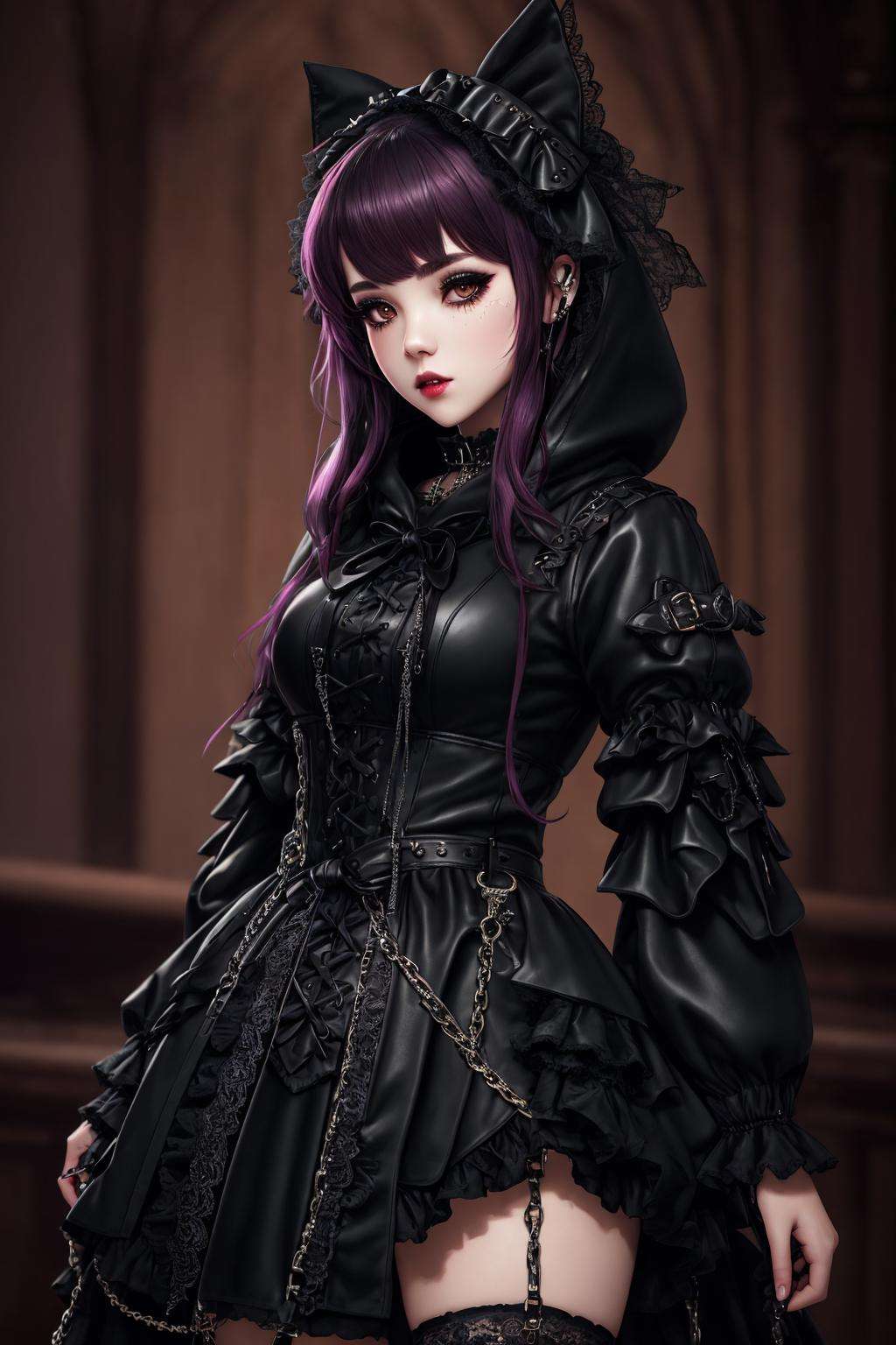 Masterpiece, absurdres,award winning photo, extremely detailed, amazing, fine detail,([hoodie|DRK_GLAM|GothGal]::0.88),DRK_GLAM,,a woman wearing a GothGal_hoodie, frills, ribbons, lace,iron chains,leather, <lora:DarkHoodies:0.75>