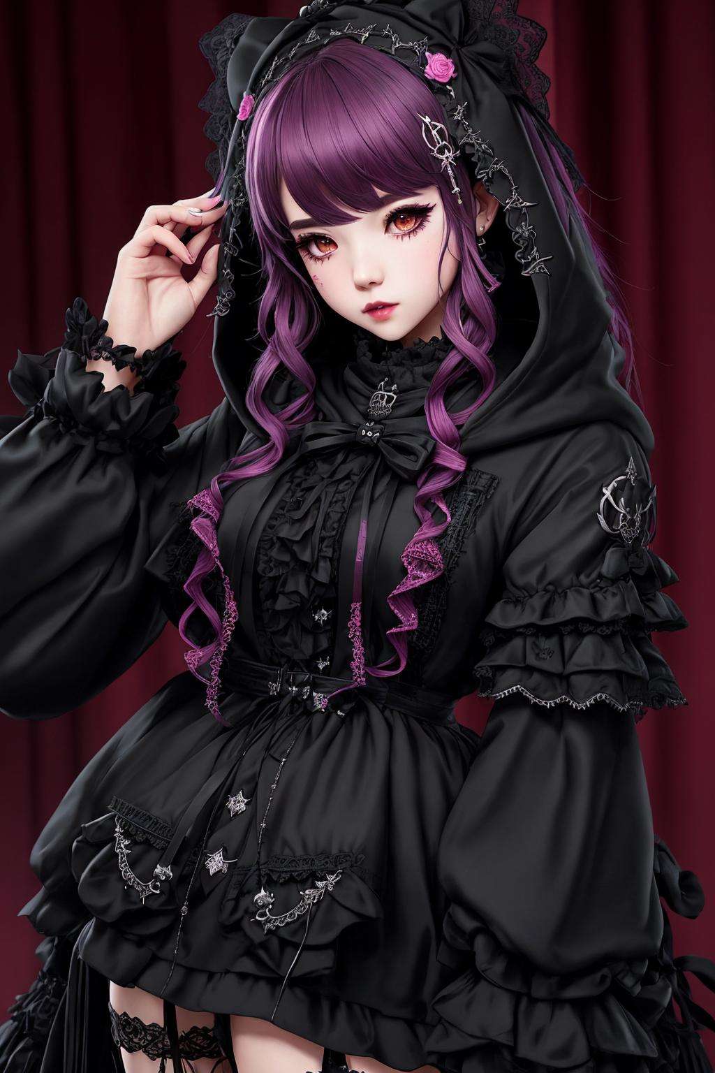Masterpiece, absurdres,award winning photo, extremely detailed, amazing, fine detail,([hoodie|DRK_GLAM|GothGal]::0.5),DRK_GLAM,a woman wearing a GothGal_hoodie, frills, ribbons, lace,skulls, <lora:DarkHoodies:1>