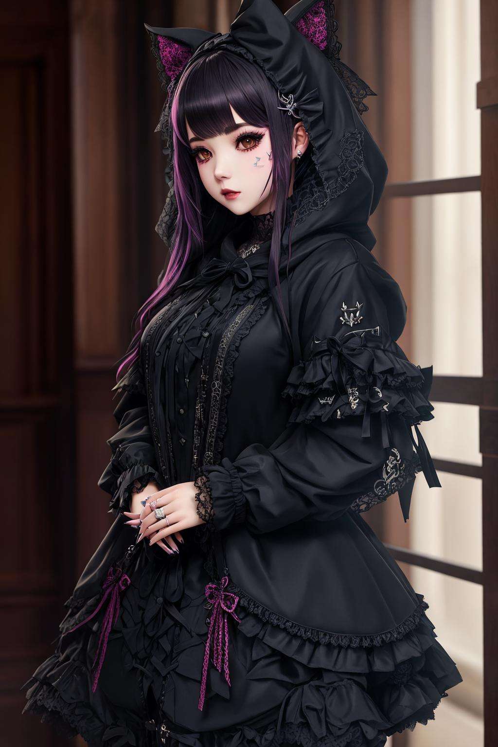Masterpiece, absurdres,award winning photo, extremely detailed, amazing, fine detail,([hoodie|DRK_GLAM|GothGal]::0.5),DRK_GLAM,,a woman wearing a GothGal_hoodie, frills, ribbons, lace,skulls, <lora:DarkHoodies:1>